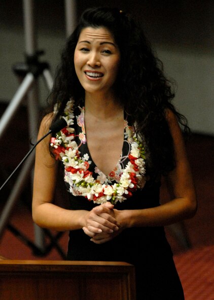 Former Miss Hawaii, Ms. Traci Toguchi sings the National Anthem and Hawaii Pono?i, at a special ceremony honoring 28 fallen service members being presented the Hawaii Medal of Honor, at the State Capitol, Hawaii. The Hawaii Medal of Honor was created in 2005 to recognize the heroism of those members of the U.S. armed forces with links to Hawaii who are killed in action while serving our country as part of Operation Iraqi Freedom and Operation Enduring Freedom in Iraq and Afghanistan. The presentation of the Hawaii Medal of Honor was the first of its kind in the nation, and has become the model for similar ceremonies in other states. (U.S. Air Force photo/Tech. Sgt. Jerome S. Tayborn)