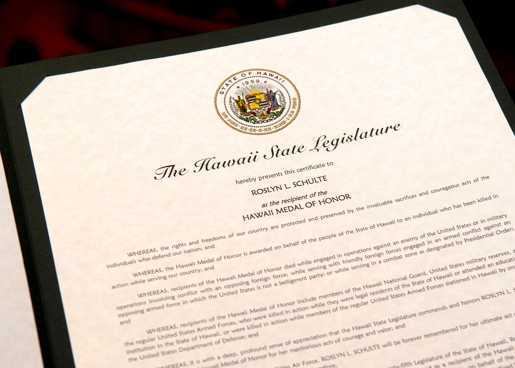U. S. Air Force 1st Lt. Roslyn L. Schulte?s citation was presented posthumously to her supervisor Lt. Col. Christopher Sartorius from the 613th Air and Space Operations Center, by the Hawaii Legislature, at the State Capitol, Hawaii, March 23, 2010. Lt. Col. Sartorius accepted the medal and citation on behalf of 1st Lt. Schulte and her family.  She was among 28 fallen service members being awarded the Hawaii Medal of Honor during a special ceremony. The Hawaii Medal of Honor was created in 2005 to recognize the heroism of those members of the U.S. armed forces with links to Hawaii who are killed in action while serving our country as part of Operation Iraqi Freedom and Operation Enduring Freedom in Iraq and Afghanistan. The presentation of the Hawaii Medal of Honor was the first of its kind in the nation, and has become the model for similar ceremonies in other states. (U.S. Air Force photo/Tech. Sgt. Jerome S. Tayborn)