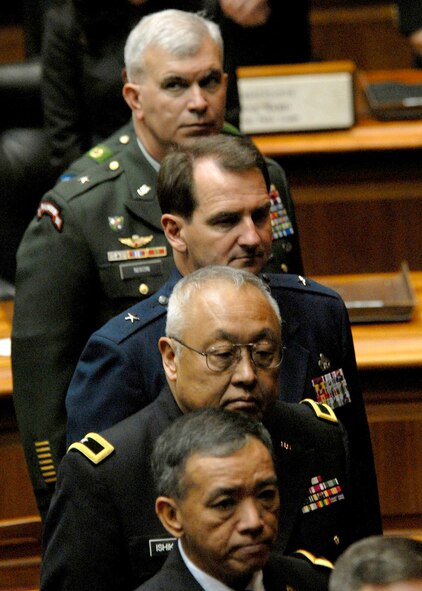 Various flag general officers observe a special ceremony honoring 28 recipients who were posthumously presented the Hawaii Medal of Honor, at the State Capitol, Honolulu, Hawaii, March 23, 2010. The Hawaii Medal of Honor was created in 2005 to recognize the heroism of those members of the U.S. armed forces with links to Hawaii who are killed in action while serving our country as part of Operation Iraqi Freedom and Operation Enduring Freedom in Iraq and Afghanistan. The presentation of the Hawaii Medal of Honor was the first of its kind in the nation, and has become the model for similar ceremonies in other states. (U.S. Air Force photo/Tech. Sgt. Jerome S. Tayborn)