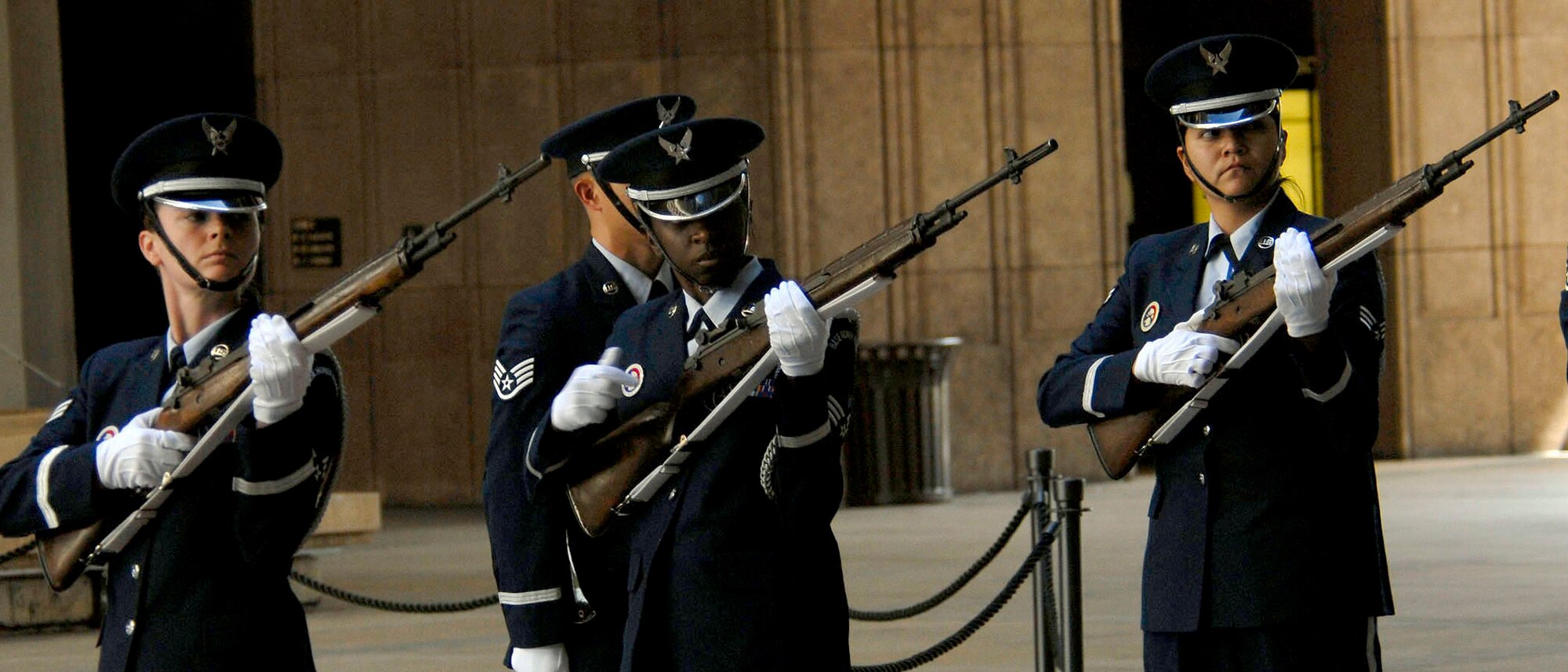 Members of Joint Base Hickam Pearl Harbor?s honor guard perform a 21-Gun Salute, to honor 28 fallen service members being presented the Hawaii Medal of Honor posthumously, during a special ceremony at the State Capitol, Honolulu, Hawaii, March 23, 2010.  The Hawaii Medal of Honor was created in 2005 to recognize the heroism of those members of the U.S. armed forces with links to Hawaii who are killed in action while serving our country as part of Operation Iraqi Freedom and Operation Enduring Freedom in Iraq and Afghanistan. The presentation of the Hawaii Medal of Honor was the first of its kind in the nation, and has become the model for similar ceremonies in other states. (U.S. Air Force photo/Tech. Sgt. Jerome S. Tayborn)