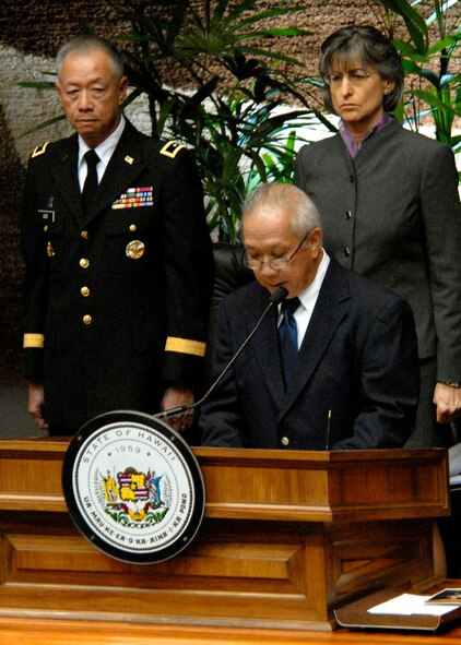 Major General Robert G. F. Lee, Governor Linda Lingle, as House Speaker Calvin K.Y. Say address families members, friends and coworkers, of 28 fallen service members being presented the Hawaii Medal of Honor posthumously, during a special ceremony at the State Capitol, Honolulu, Hawaii, March 23, 2010.  The Hawaii Medal of Honor was created in 2005 to recognize the heroism of those members of the U.S. armed forces with links to Hawaii who are killed in action while serving our country as part of Operation Iraqi Freedom and Operation Enduring Freedom in Iraq and Afghanistan. The presentation of the Hawaii Medal of Honor was the first of its kind in the nation, and has become the model for similar ceremonies in other states. (U.S. Air Force photo/Tech. Sgt. Jerome S. Tayborn)