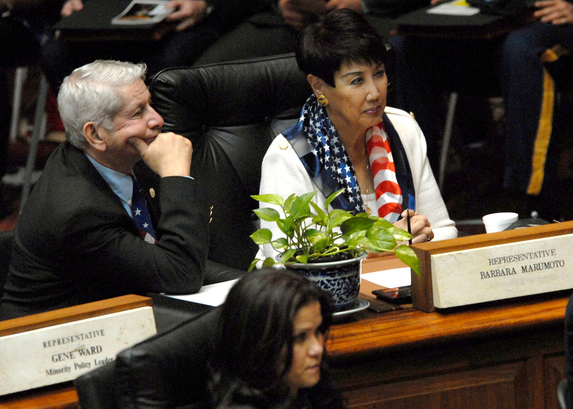 Hawaii State legislature members observe a special ceremony honoring 28 recipients who were posthumously awarded the Hawaii Medal of Honor, at the State Capitol, Honolulu, Hawaii, March 23, 2010. The Hawaii Medal of Honor was created in 2005 to recognize the heroism of those members of the U.S. armed forces with links to Hawaii who are killed in action while serving our country as part of Operation Iraqi Freedom and Operation Enduring Freedom in Iraq and Afghanistan. The presentation of the Hawaii Medal of Honor was the first of its kind in the nation, and has become the model for similar ceremonies in other states. (U.S. Air Force photo/Tech. Sgt. Jerome S. Tayborn)
