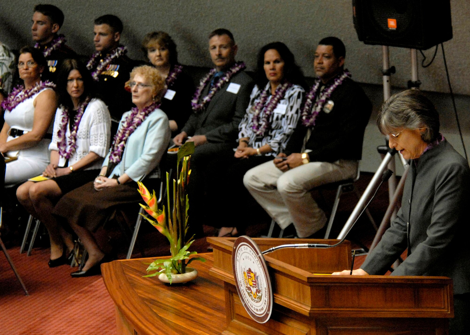 Governor of Hawaii, Linda Lingle, offers words of encouragement  to family members, friends and coworkers of 28 service members who posthumously presented the Hawaii Medal of Honor during her governor?s message remarks at a special ceremony at the State Capitol, Honolulu, Hawaii, March 23, 2010. United States Air Force, Pacific Air Forces, First Lieutenant Roslyn L. Schulte was among the service members who were posthumously awarded the prestigious Hawaii Medal of Honor. The Hawaii Medal of Honor was created in 2005 to recognize the heroism of those members of the U.S. armed forces with links to Hawaii who are killed in action while serving our country as part of Operation Iraqi Freedom and Operation Enduring Freedom in Iraq and Afghanistan. The presentation of the Hawaii Medal of Honor was the first of its kind in the nation, and has become the model for similar ceremonies in other states. (U.S. Air Force photo/Tech. Sgt. Jerome S. Tayborn)