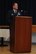 Lt. Col. Kenneth Hall, 48th Intelligence Squadron outgoing commander, gives his final speech March 26 at the Community Activities Center. Colonel Hall served as commander while being a member of the Air Force Reserve Individual Mobilization Augmentee program. (Air Force photo by Staff Sgt. Aaron C. Oelrich)