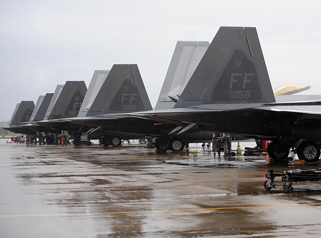 LANGLEY AIR FORCE BASE, Va. -- Five F-22A Raptors are shown parked at "Base X" during a Phase I Operational Readiness Exercise here March 26. This ORE generated more raptors than any previous Phase I ORE at Langley. (U.S. Air Force photo/Airman Rebecca Montez)
