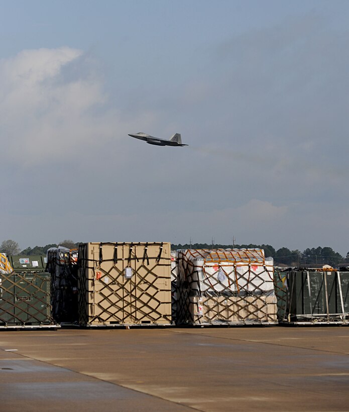 LANGLEY AIR FORCE BASE, Va. -- An F-22A Raptor takes off during a Phase I Operational Readiness Exercise here March 26. This ORE generated more raptors than any previous Phase I ORE at Langley. (U.S. Air Force photo/Airman Rebecca Montez) 