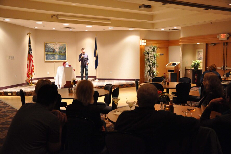 Standup comedian Michael Kahout entertains 934th Airlift Wing members and their families March 6 at the Services Club. The free show was sponsored by the Key Spouse Program. (Air Force Photo/Tech. Sgt. Bob Sommer)