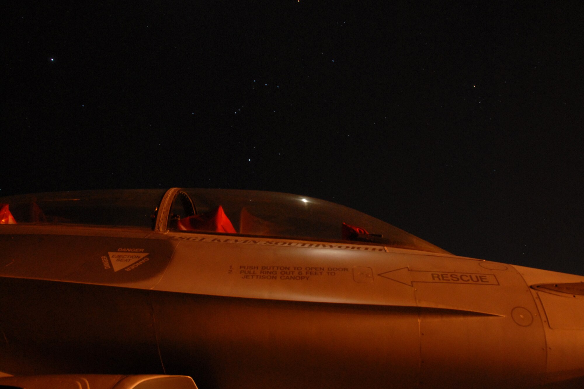 One of eight F-16C Fighting Falcon from the Air National Guard’s 115th  Fighter Wing in Madison, Wis., rests below a star filled sky March 23, 2010, at Naval Air Station Key West., Fla.  Close to 145 Airmen of the 115th Fighter Wing in Madison, Wis., spent approximately two weeks at Naval Air Station, Key West, gaining valuable training as their F-16 Falcons sparred against Navy F-18 Super Hornets and F-5 Tigers here.  (U.S. Air Force photo by Airman 1st Class Ryan Roth, 115 FW/PA)