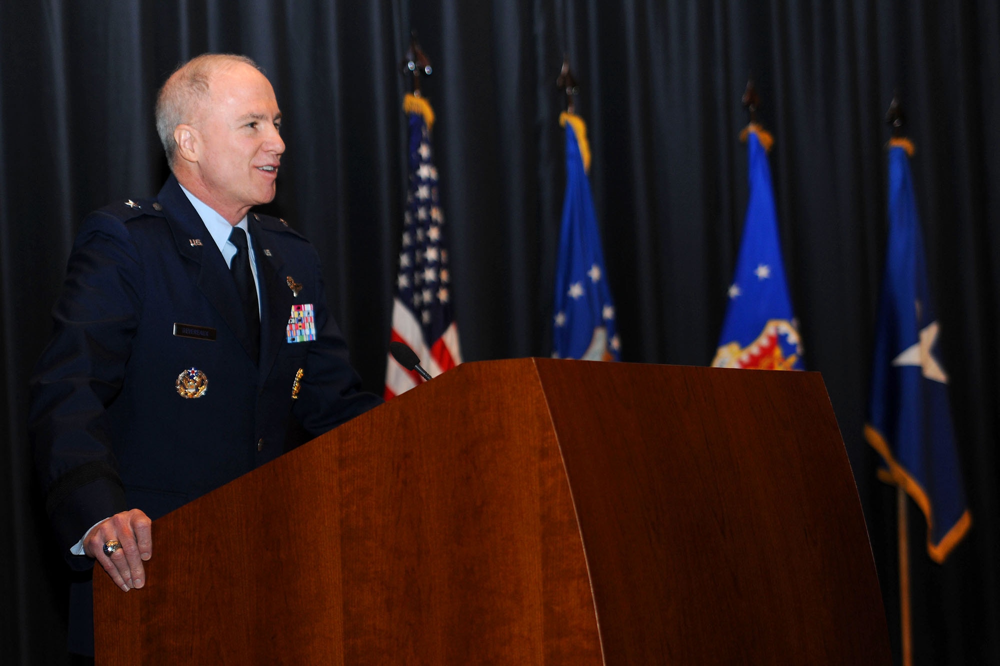 Brig. Gen. Richard Devereaux, U.S. Air Force Expeditionary Center commander, provides opening comments March 26 for the activation ceremony standing up the 422nd Joint Tactics Squadron on Joint Base McGuire-Dix-Lakehurst.  The ceremony was attended by more than 150 guests from across Joint Base McGuire-Dix-Lakehurst and the local community.  Assuming command is Lt. Col. Scott Robinson. (U.S. Air Force Photo/Staff Sgt. Nathan G. Bevier/Released) 