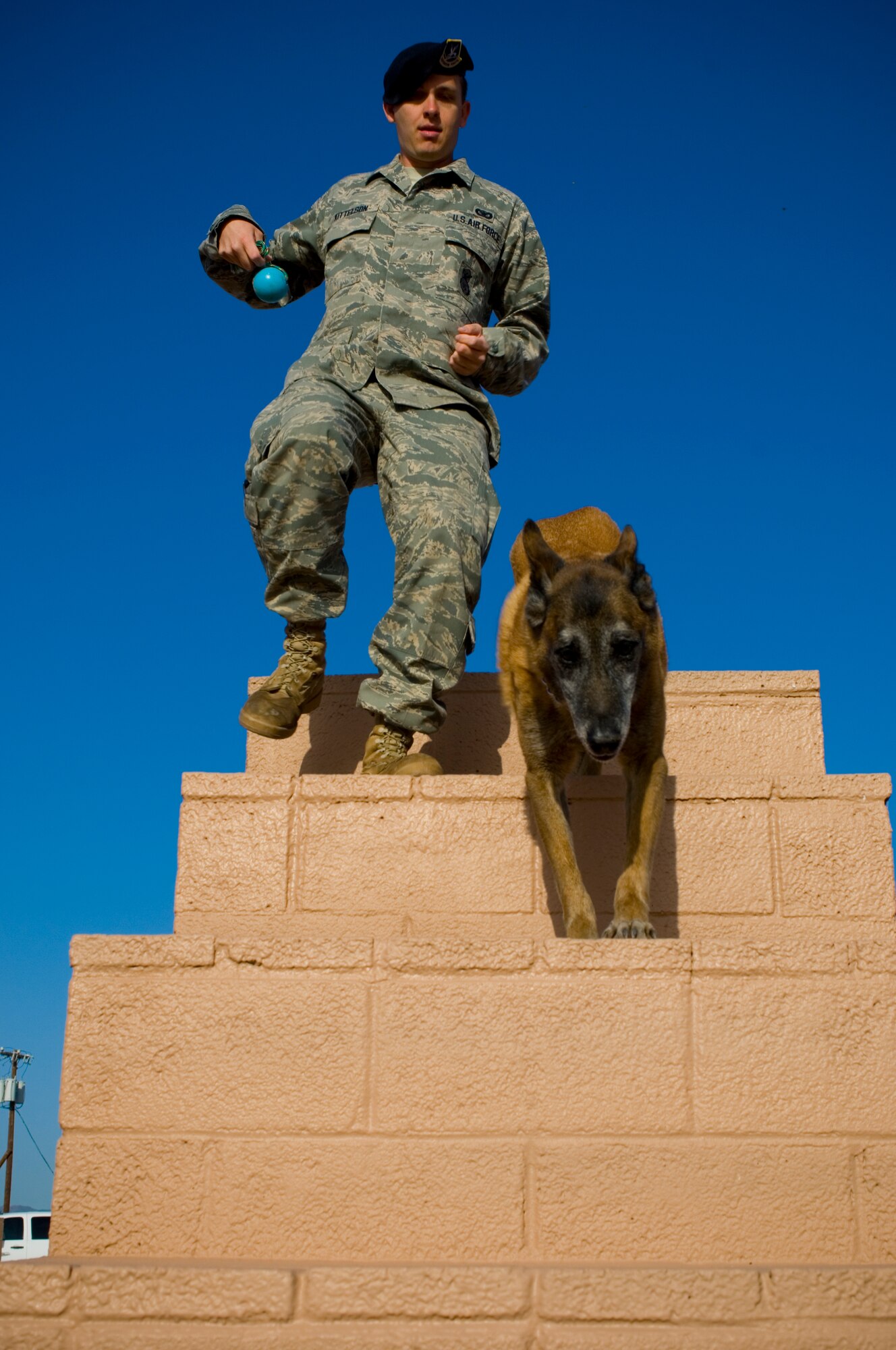 Staff Sgt. Phillip Kittelson, 56th Security Forces military working dog handler, runs Kisma through his final run of the obstacle course at the Military Working Dog kennels, Luke Air Force Base, Ariz., March 25, 2010. The 13 year old Belgian Malinois has served as an explosive detection dog in Soutwest Asia, in joint action with the U.S. Army and even for the Commander in Chief. (U.S. Air Force Photo by Staff Sgt. Jason Colbert)
