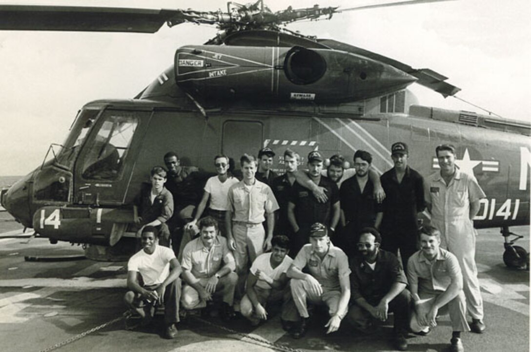 Pictured in the first row, fourth from left, then Lt. Dale Carson is seen with his helicopter flight crew aboard the battleship U.S.S. New Jersey in 1983.  Says Carson, “Once I got a taste for flying, I knew that’s all I ever wanted to do.”