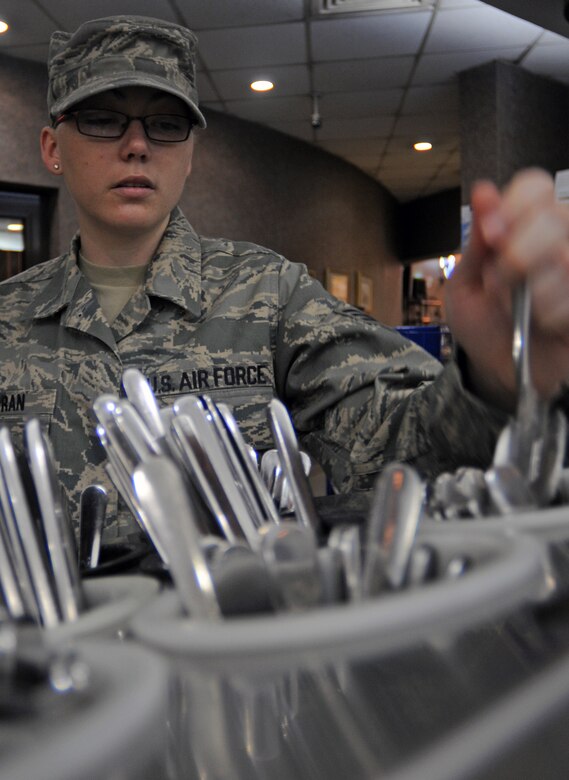 Senior Airman Christina Moran, 39th Medical Group Public Health technician, inspects silverware to ensure cleanliness inside the Sultan’s Inn at Incirlik Air Base, Turkey. Public Health has an array of responsibilities when it comes to keeping the base healthy including inspecting all facilities that serve food on base, ensuring the readiness of deploying Airmen and educating the public about safe sex. (U.S. Air Force photo/Senior Airman Sara Csurilla)