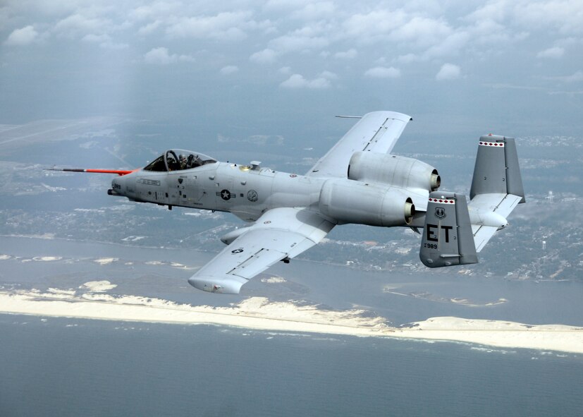 An A-10C Thunderbolt II from Eglin Air Force Base, Fla., flies along the coast of Florida March 25, 2010, during the first flight of an aircraft powered solely by a biomass-derived jet fuel blend. The A-10 was fueled with a 50/50 blend of Hydrotreated Renewable Jet and JP-8. (U.S. Air Force photo/Senior Master Sgt. Joy Josephson)
