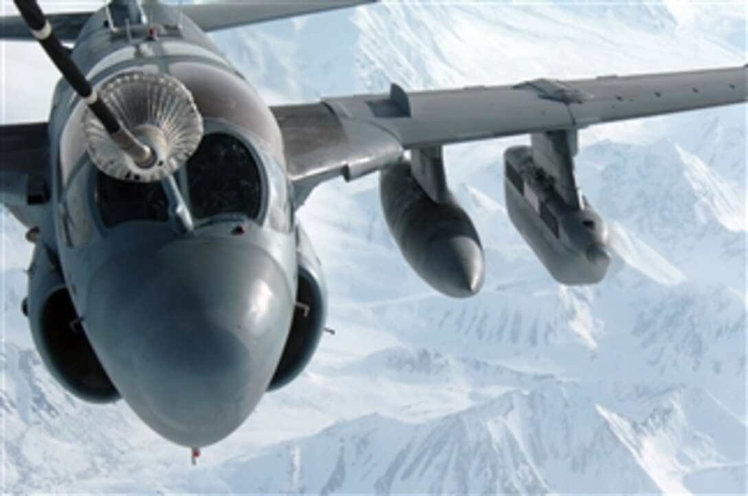 An EA-6B Prowler aircraft assigned to Electronic Attack Squadron 141 receives fuel from a KC-10 Extender aircraft during Exercise Red Flag-Alaska 07-1 while flying over Alaska on April 18, 2007.  Red Flag-Alaska is an aerial war game exercise that provides realistic training to pilots.  