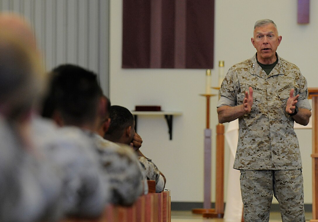Commandant of the Marine Corps Gen. James Conway speaks to Marines at the station chapel, March 26, 2010. Conway and Sgt. Maj. of the Marine Corps Carlton Kent, hosted a town hall meeting as part of their two-day Yuma visit, Conway and Kent are currently on their west coast tour of Marine Corps installations.