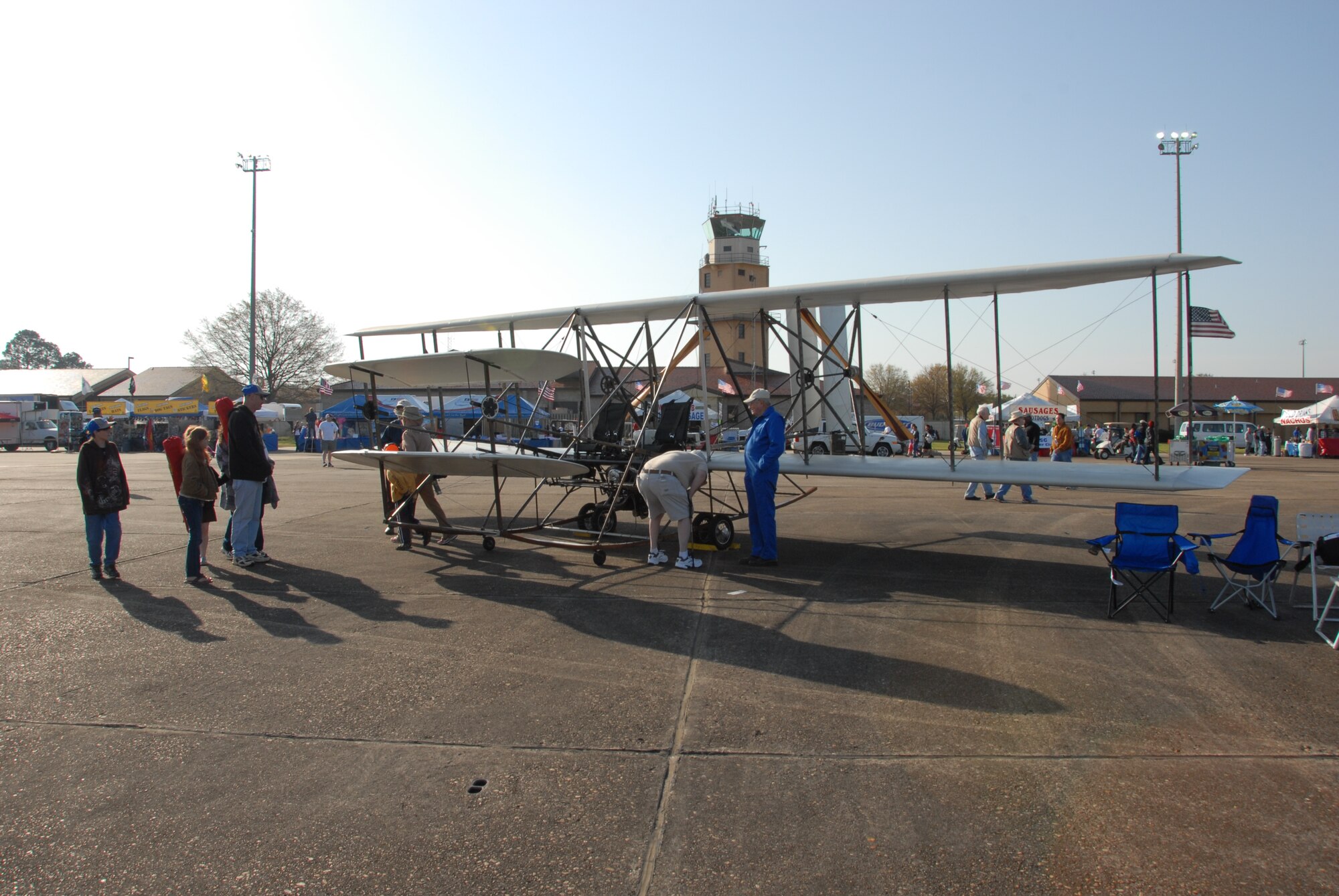 A flying replica of the Wright Flyer sits on display at the Thunder Over Alabama air show March 27, 2010. The Maxwell Air Force Base air show is celebrating 100 years of flight over Alabama. (U.S. Air Force photo/Bennett Rock)