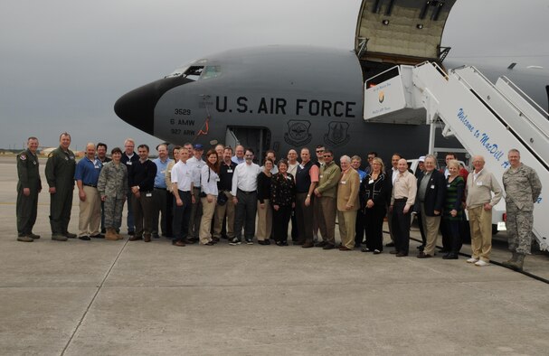 Civilian employers and Airmen, who flew from Niagara Falls Air Reserve Station, N.Y., stand in front of a KC-135 Stratotanker at MacDill Air Force Base, Fla., with Col. Kenneth Lewis, the 927th Air Refueling Wing commander (far left) March 25, 2010. The tour, which was set up through Employer Support of the Guard and Reserve, aimed to thank and educate civilian employers in Western New York who have shown support for their military employees. (U.S. Air Force Photo by Tech. Sgt. Denise Hauser)