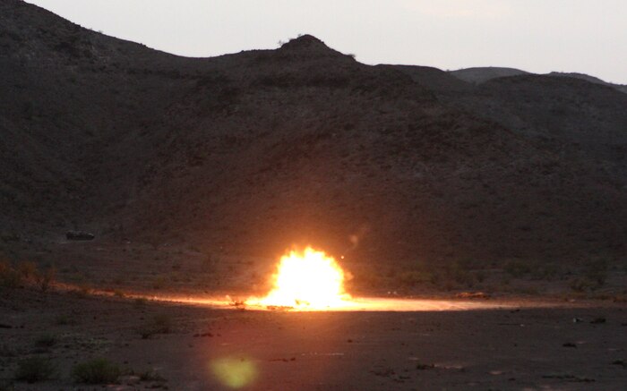 A high explosive rocket hits the mark after a Marine assaultman from Alpha Company, Battalion Landing Team 1st Battalion, 9th Marine Regiment, 24th Marine Expeditionary Unit fires a MK153 Shoulder-fired, Multi-purpose, Assault Weapon (SMAW) in the mountains of Djibouti, Africa, during a live fire range March 28, 2010.  24th MEU Marines performed a series of sustainment exercises, as well as bi-lateral training alongside the French military, during a month-long rotation of units from 24th MEU conducting training in the east-African country.  The 24th MEU currently serves as the theatre reserve force for Central Command.  (U.S. Marine Corps photo by Gunnery Sgt. Chad R. Kiehl)