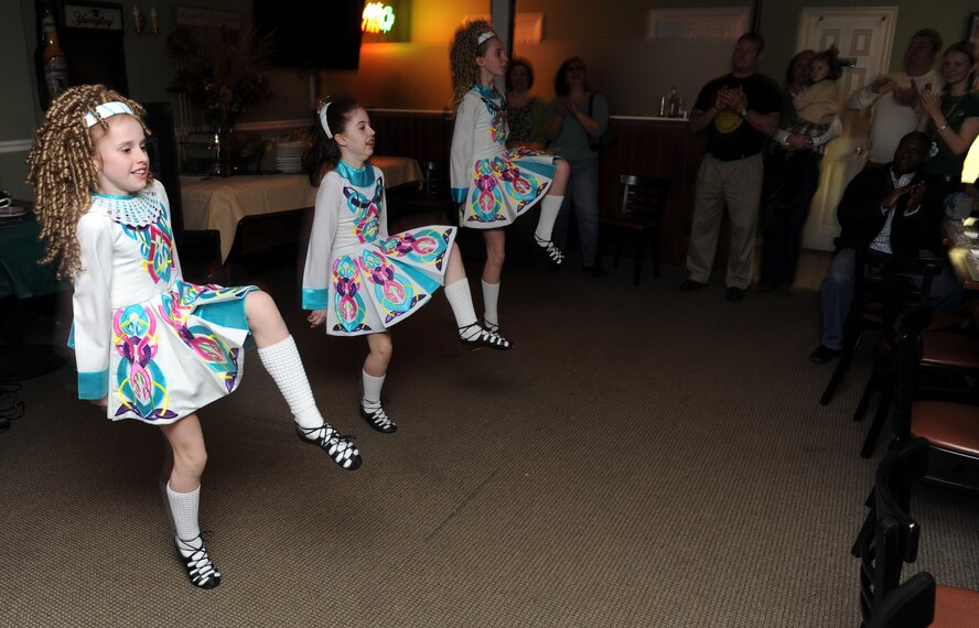 Mave Murphy, 8, Mary Kate Bane, 10, Nora Murphy, 11, of the Mulvihill-Lynch Studio of Irish Dance  conducted their Irish step dance routine at the Trolley Barn in Speonk, N.Y.  on March 6, 2010 as part of the 106th Rescue Wing St. Patties Day celebration.
(U.S. Air Force Photo/Staff Sgt. David J. Murphy/Released)