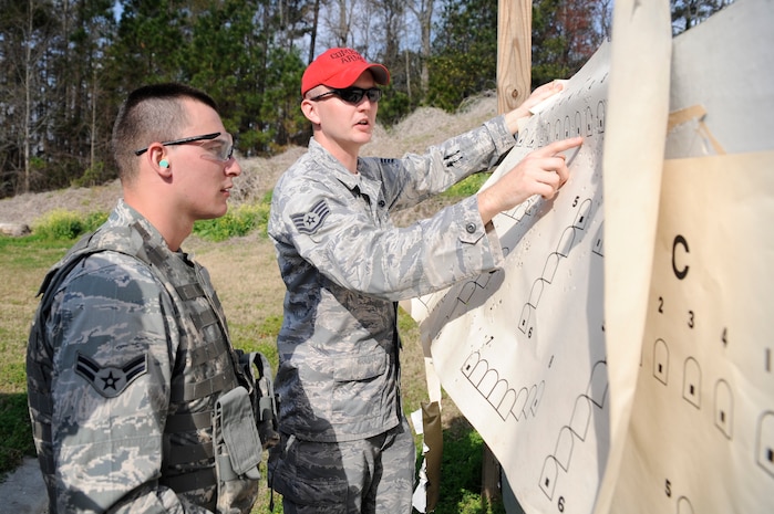 U.S. Air Force Staff Sgt. Jason Whisenhunt inspects a target and gives advice to Airman 1st Class Anthony Logan after firing an M249 machine gun at Joint Base Charleston, S.C., March 26, 2010. Airman Logan shot 600 rounds of ammunition during his weapons familiarization training. Sergeant Whisenhunt is a combat arms instructor, and Airman Logan is a patrolman. Both are with the 628th Security Forces Squadron. (U.S. Air Force photo by James M. Bowman/released)