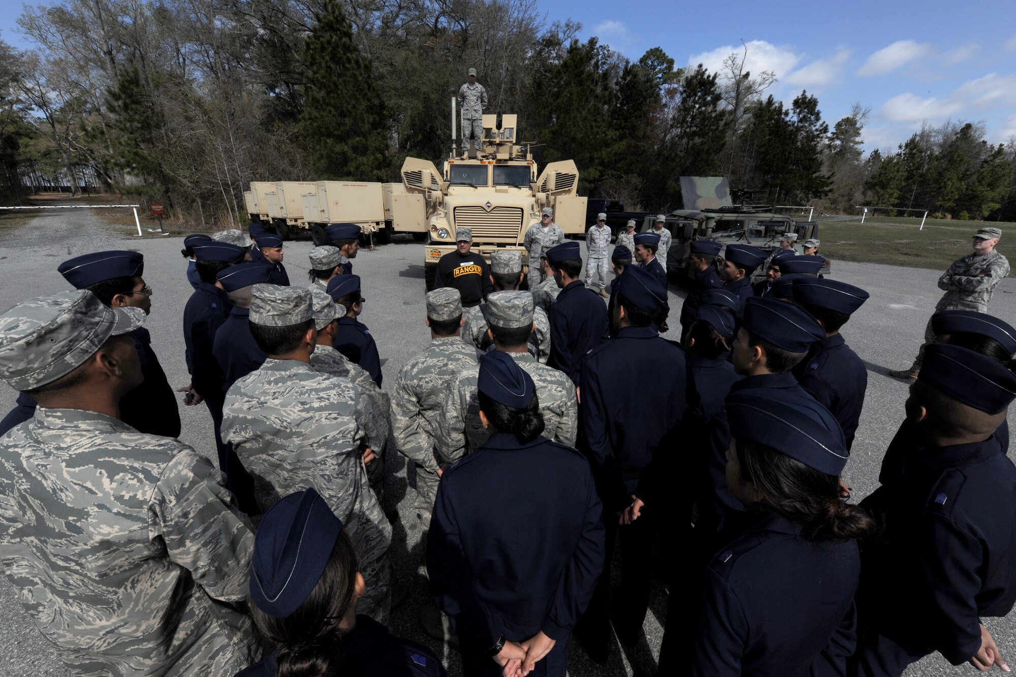 MOODY AIR FORCE BASE, Ga. -- Col. Donald Derry, 820th Security Forces Group commander, speaks to cadets from the University of Puerto Rico Air Force ROTC Detachment 755 during a base visit here March 23. The cadets visited the 820th SFG and were able to get hands-on experience with a few of the weapons used in the security forces career field. (U.S. Air Force photo by Airman 1st Class Benjamin Wiseman/RELEASED) 