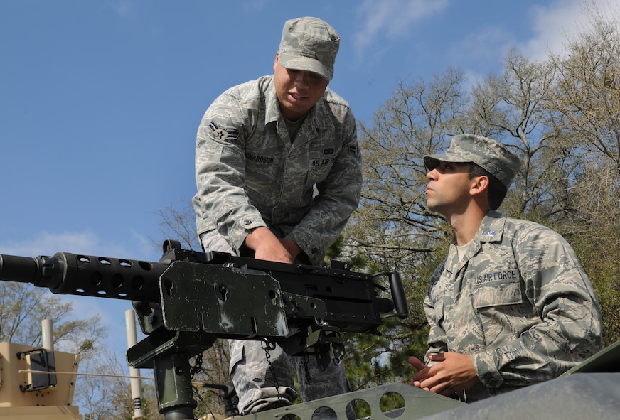 MOODY AIR FORCE BASE, Ga. -- Airman 1st Class Kevin Richardson, 823rd Security Forces Squadron fire team member, shows off the M-2 heavy machine gun to Cadet 3rd Class Rolando Perez from the University of Puerto Rico Air Force ROTC Detachment 755 here March 23. The cadets were given the opportunity to meet security forces members and handle weapons from the 820th Security Forces Group’s arsenal. (U.S. Air Force photo by Airman 1st Class Benjamin Wiseman/RELEASED)