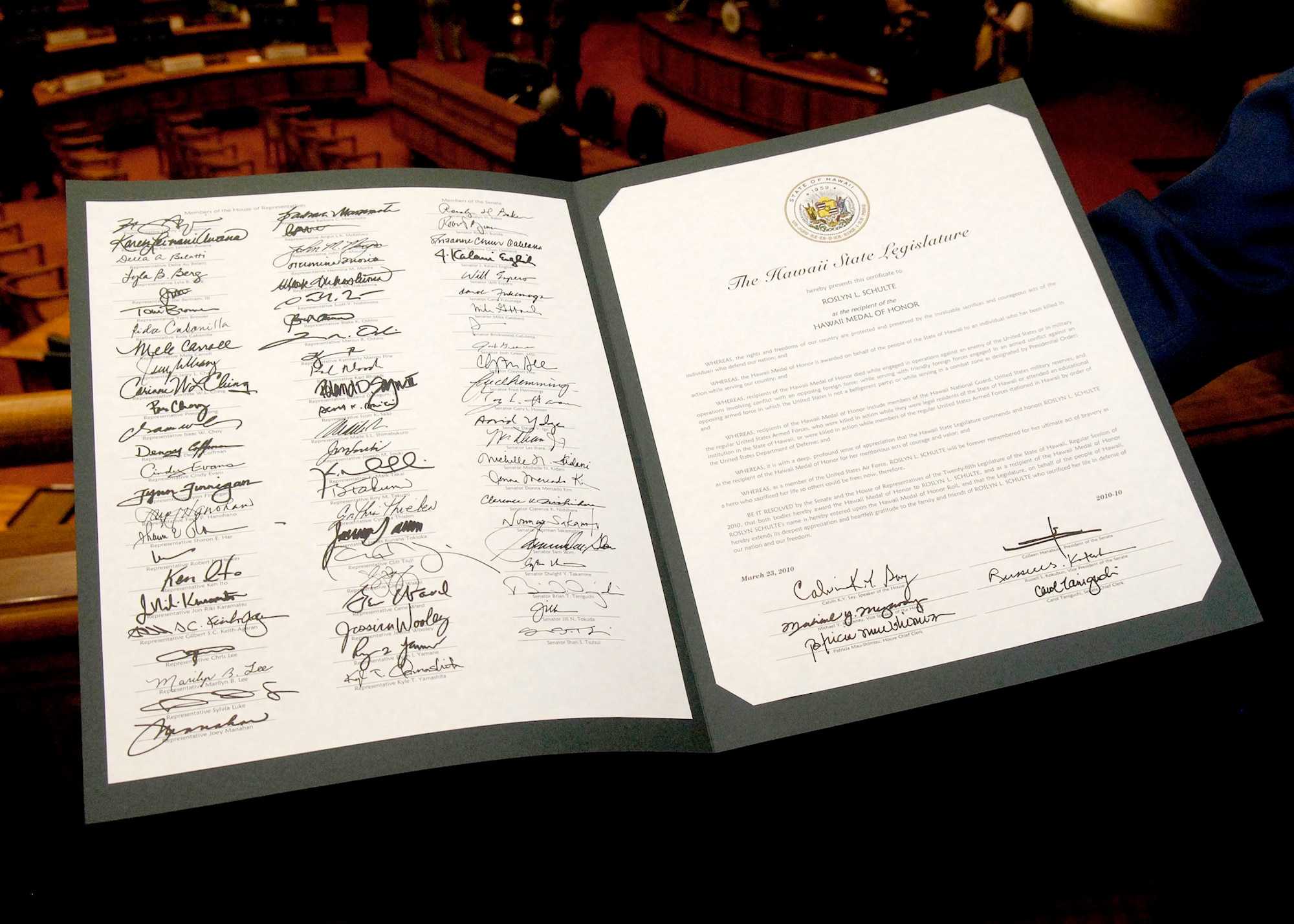 1st Lt. Roslyn L. Schulte's citation was presented posthumously to her supervisor Lt. Col. Christopher Sartorius from the 613th Air and Space Operations Center by the Hawaii Legislature March 23, 2010, at the State Capitol in Honolulu. Colonel Sartorius accepted the medal and citation on behalf of Lieutenant Schulte and her family. She was among 28 fallen servicemembers being presented the Hawaii Medal of Honor during a special ceremony. (U.S. Air Force photo/Tech. Sgt. Jerome S. Tayborn)
