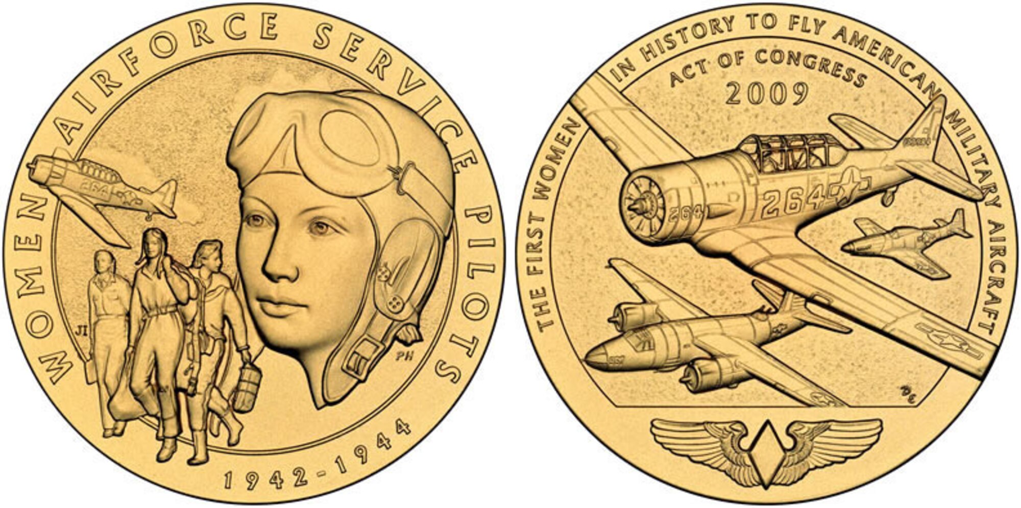 The Congressional Gold Medal awarded to Women Airforce Service Pilots is pictured here. The front shows three WASP in uniforms with an AT-6 in the background. On the reverse side, the design features three of the aircraft WASPs flew during their training: the AT-6, B-26 and P-51. (Photo U.S. Mint)
