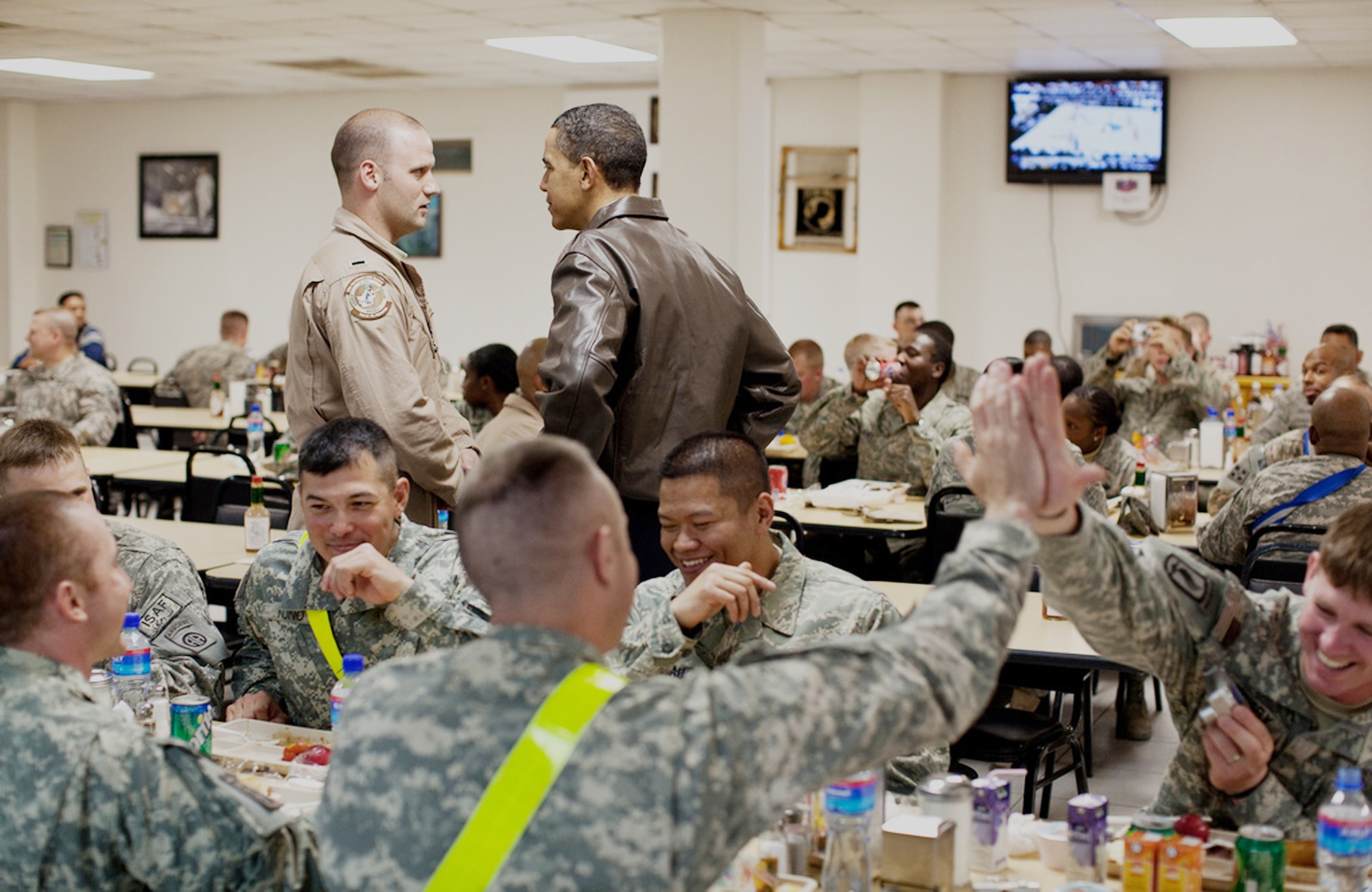 President Barack Obama greets U.S. troops at a mess hall March 28, 2010, at Bagram Airfield, Afghanistan. (White House photo/Pete Souza)