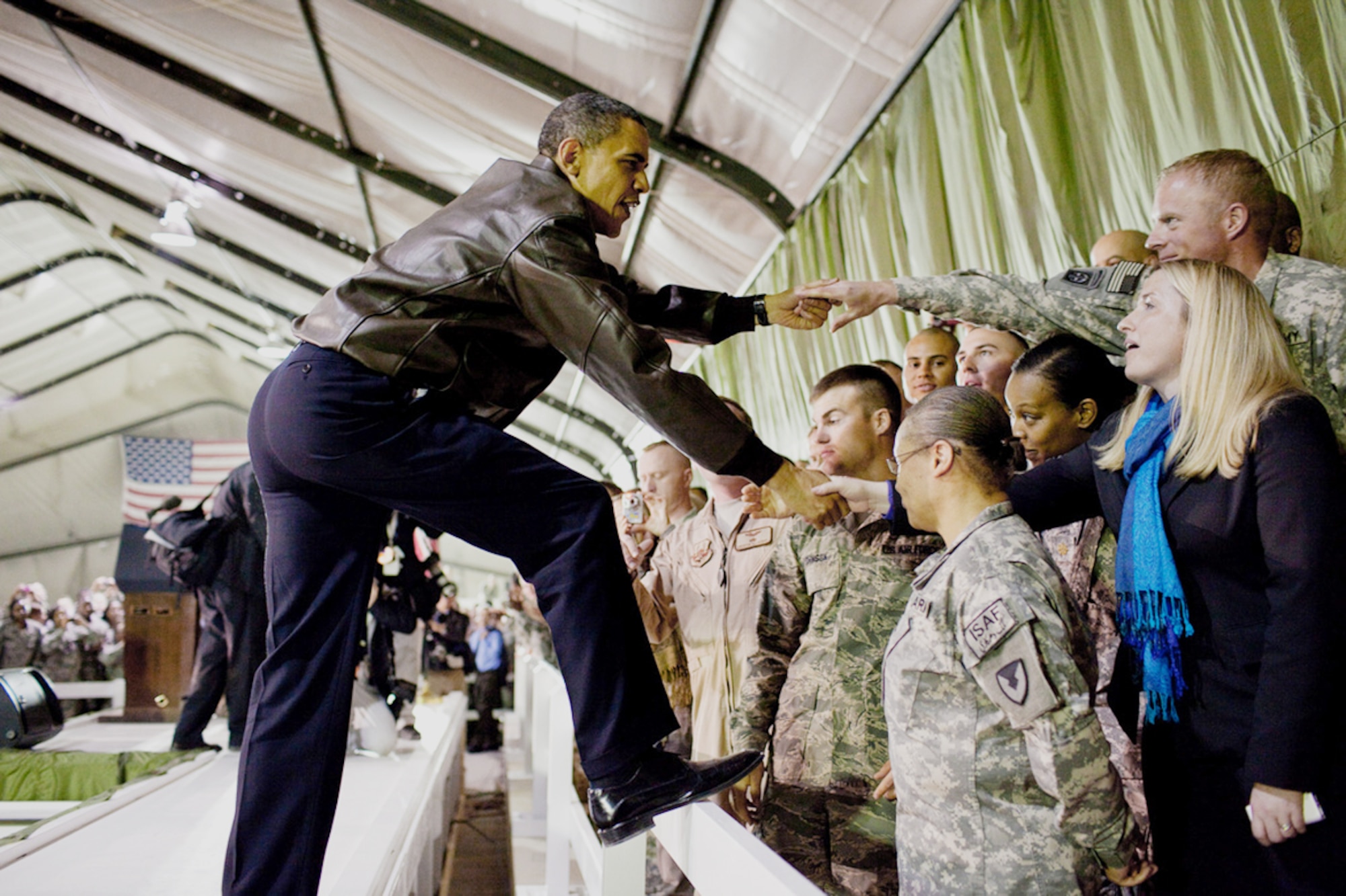 President Barack Obama greets U.S. troops March 28, 2010, at Bagram Airfield, Afghanistan. (White House photo/Pete Souza)