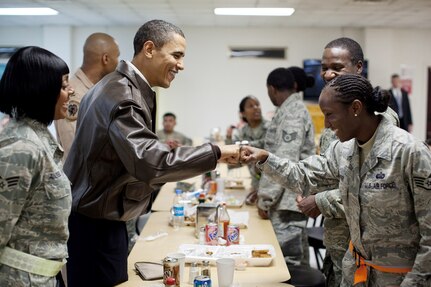 President Barack Obama meets U.S. troops at a mess hall March 28, 2010, at Bagram Airfield, Afghanistan. (White House photo/Pete Souza)