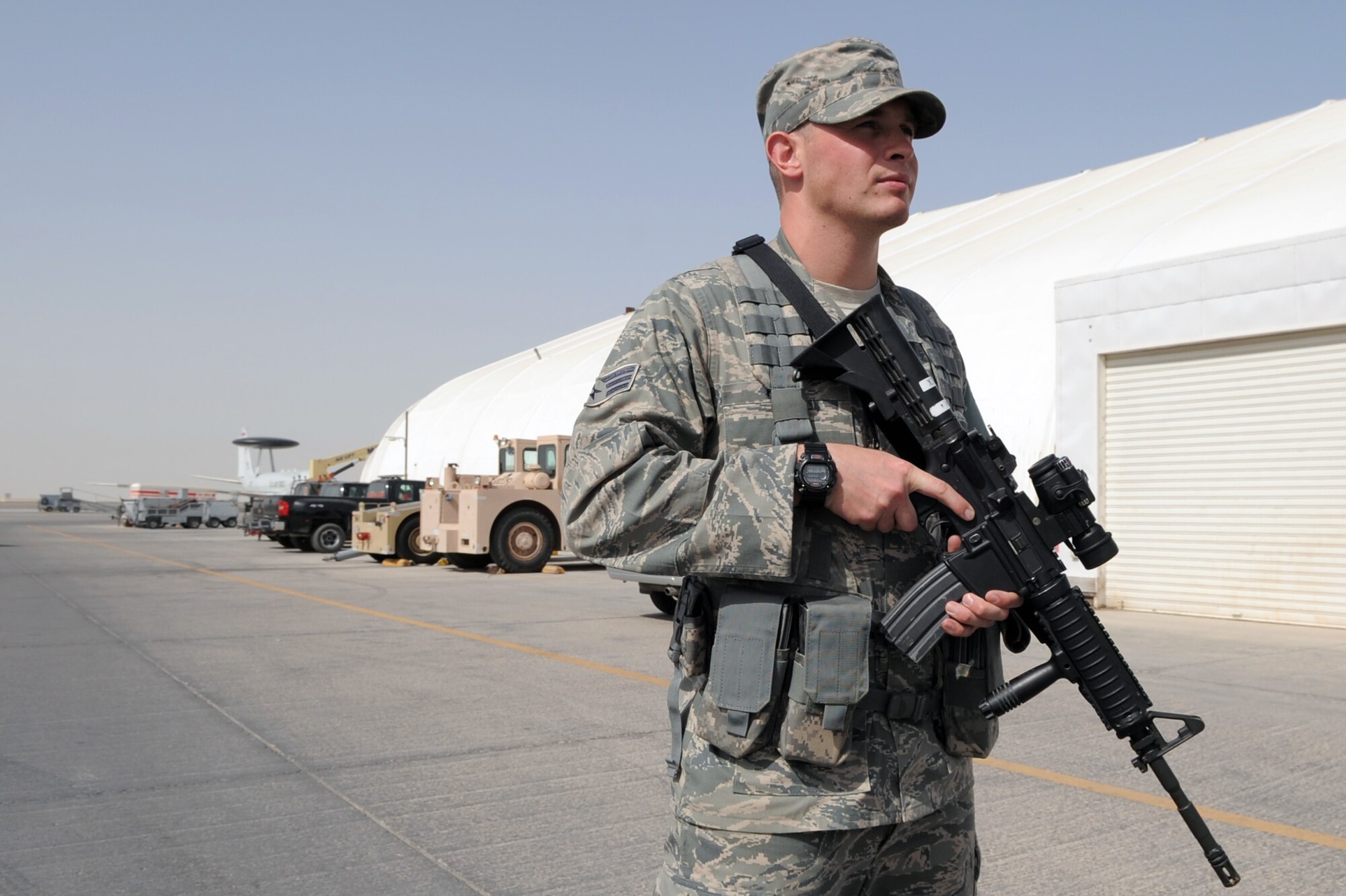 Senior Airman Ryan Quick, security forces journeyman with the 380th Expeditionary Security Forces Squadron, watches over a checkpoint at a non-disclosed location in Southwest Asia on March 29, 2010. Airman Quick is deployed from the 96th Security Forces Squadron at Eglin Air Force Base, Fla., and his hometown is Stone Ridge, N.Y.  The 380th ESFS, as part of the 380th Air Expeditionary Wing, supports operations Iraqi Freedom and Enduring Freedom and the Combined Joint Task Force-Horn of Africa. (U.S. Air Force Photo/Master Sgt. Scott T. Sturkol)