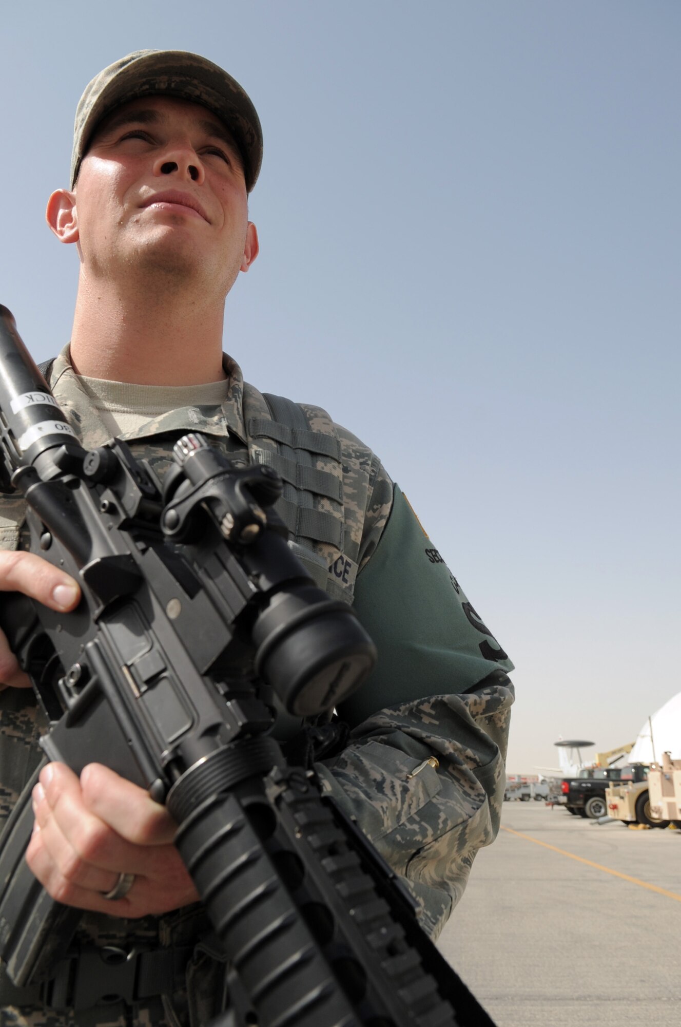 Senior Airman Ryan Quick, security forces journeyman with the 380th Expeditionary Security Forces Squadron, watches over a checkpoint at a non-disclosed location in Southwest Asia on March 29, 2010. Airman Quick is deployed from the 96th Security Forces Squadron at Eglin Air Force Base, Fla., and his hometown is Stone Ridge, N.Y.  The 380th ESFS, as part of the 380th Air Expeditionary Wing, supports operations Iraqi Freedom and Enduring Freedom and the Combined Joint Task Force-Horn of Africa. (U.S. Air Force Photo/Master Sgt. Scott T. Sturkol)