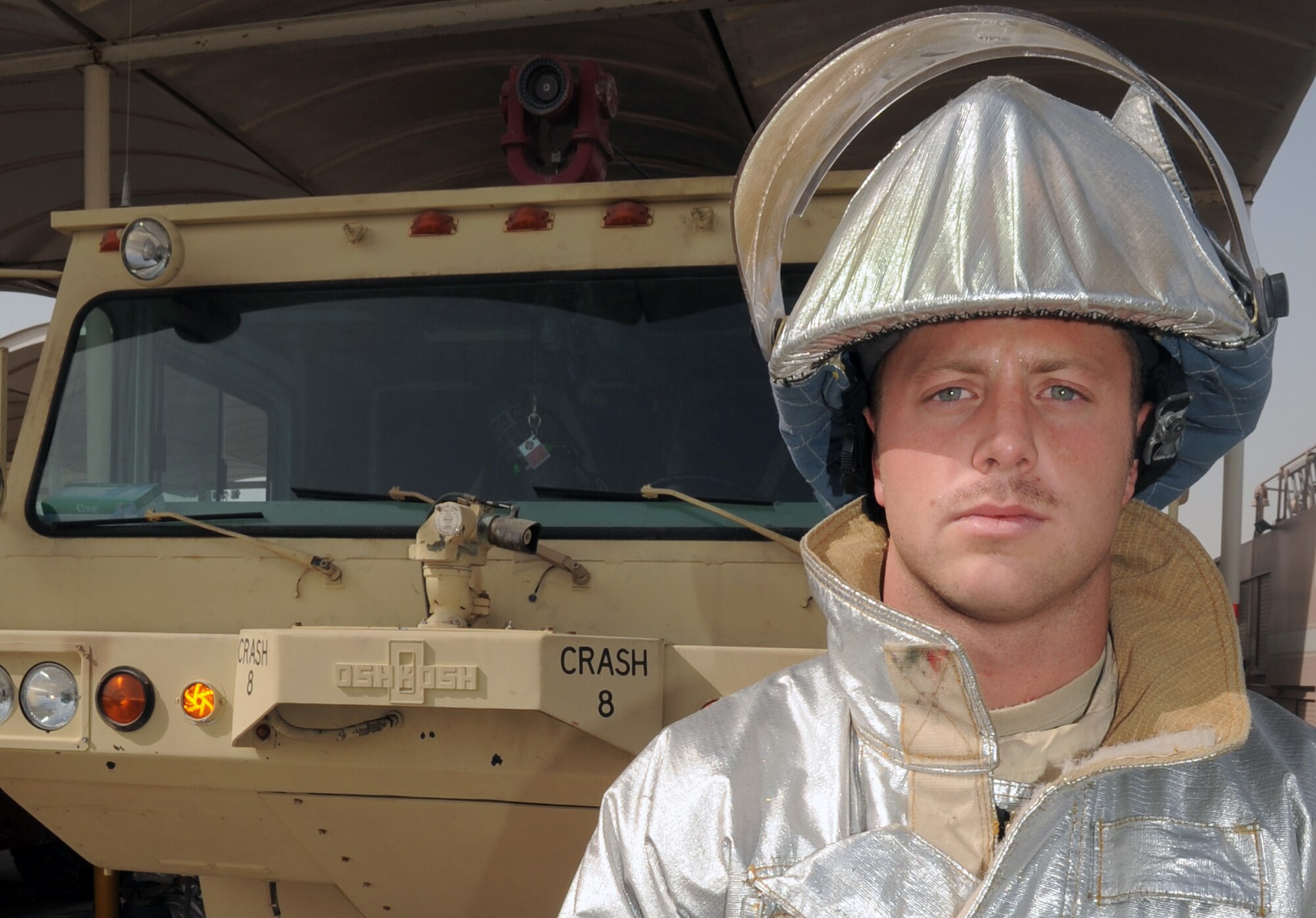 Airman 1st Class Kevin Collins is an an Air Force firefighter deployed with the 380th Expeditionary Civil Engineer Squadron fire department at a non-disclosed base in Southwest Asia. Here he is pictured March 29, 2010. As an emergency responder, Airman Collins and his fellow firefighters are responsible for protecting thousands of deployed personnel and billions of dollars of Air Force assets from fire. He is deployed from the 9th Civil Engineer Squadron at Beale Air Force Base, Calif., and his hometown is Gilroy, Calif. (U.S. Air Force Photo/Master Sgt. Scott T. Sturkol/Released)
