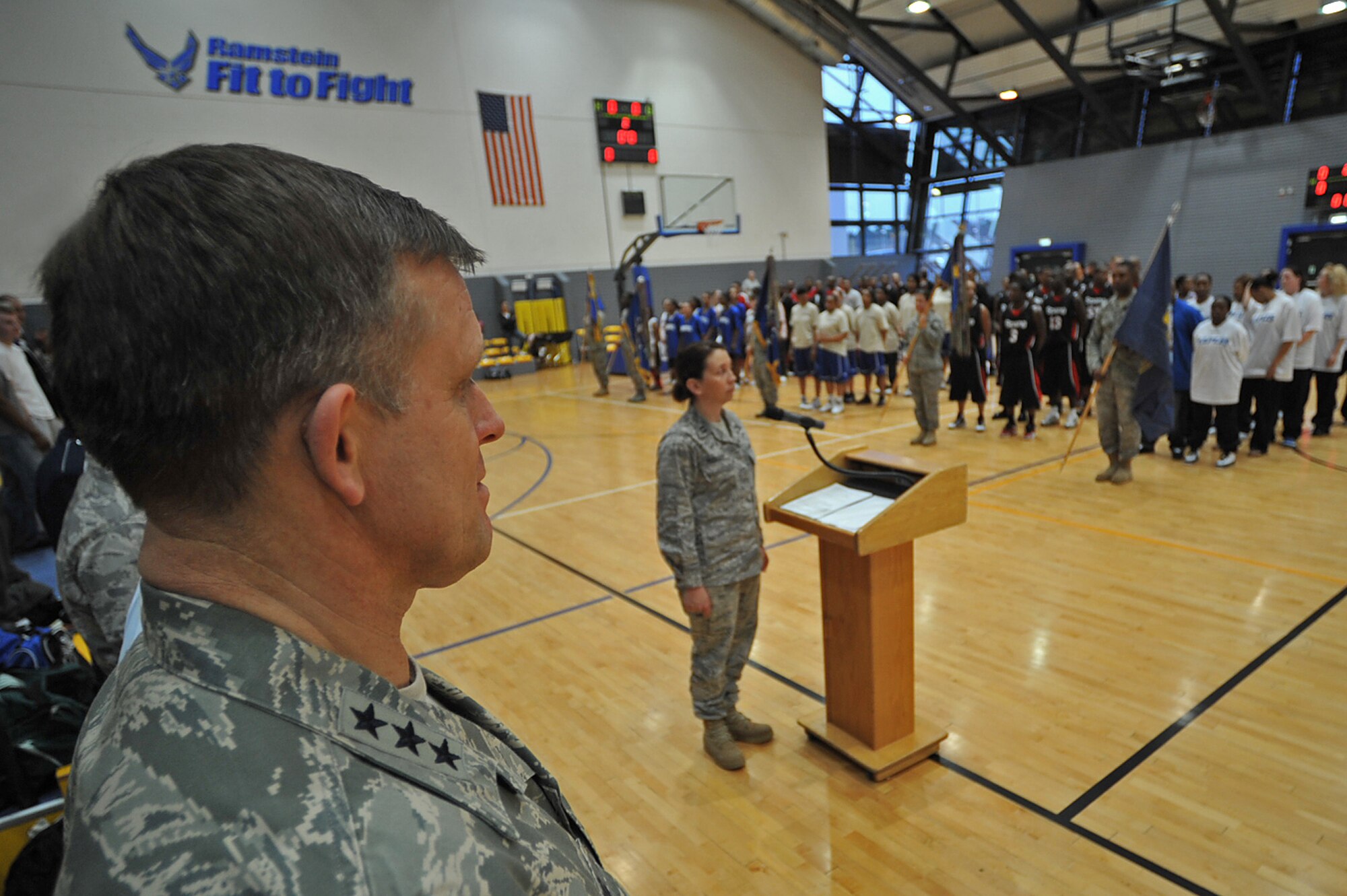 U.S. Air Force Lt. Gen. Frank Gorenc, Commander, 3rd Air Force, officiates the opening ceremony of the U.S. Armed Forces Europe Men’s and Women’s basketball championship series, Southside Fitness Center, Ramstein Air Base, Germany, March 24, 2010. The 86th Services Squadron hosted the U.S. Armed Forces Europe Men’s and Women’s basketball championship series, a tournament consisting of U.S. servicemembers, dependents and retirees from around the European Theater. (U.S. Air Force photo by Senior Airman Tony R. Ritter)