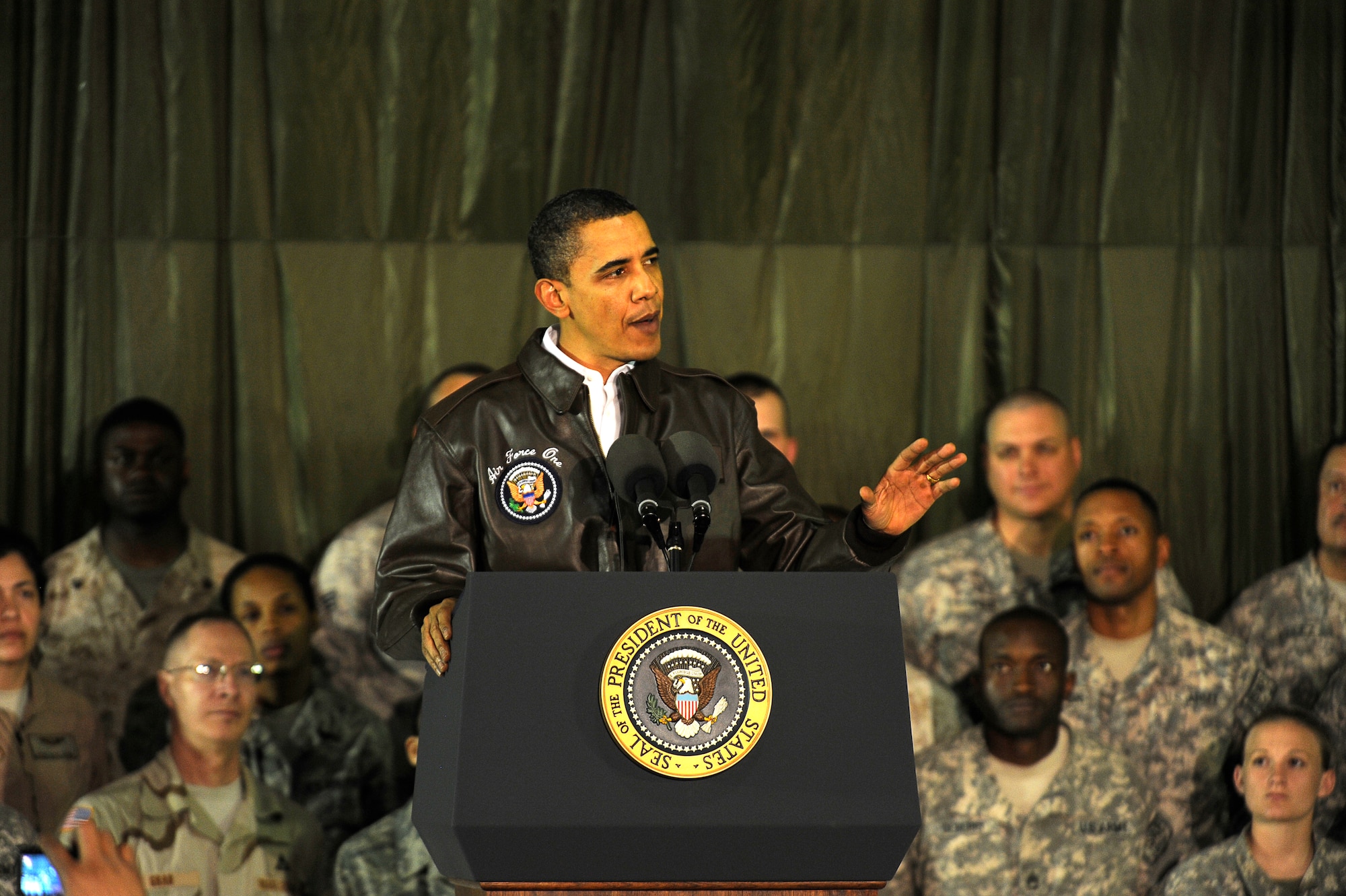 The President of the United States Barack Obama visits the troops at Bagram Airfield, Afghanistan, March 28, 2010. (U.S. Air Force photo by/ Tech. Sgt. Jeromy K. Cross/released)