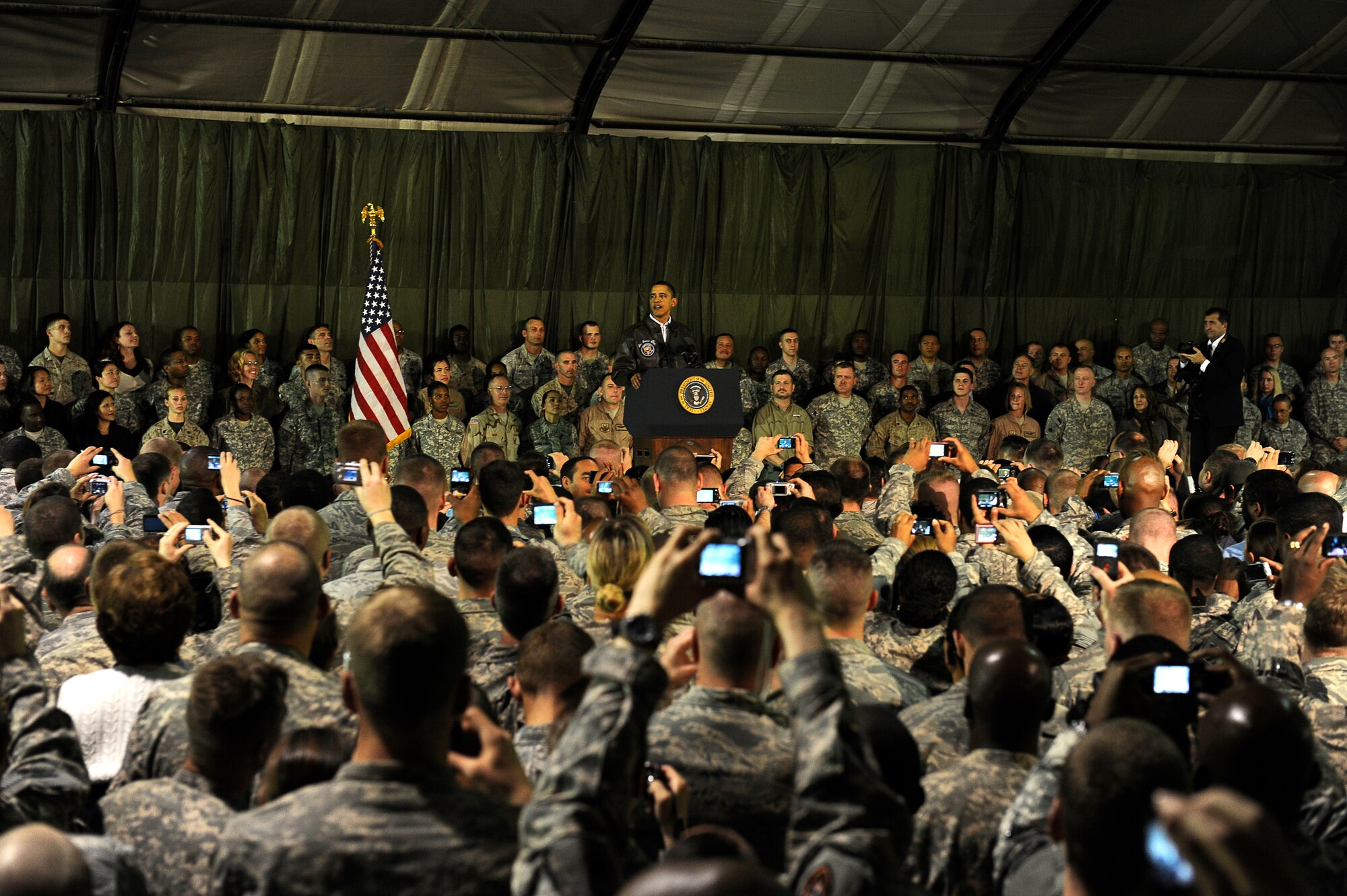 The President of the United States Barack Obama visits the troops at Bagram Airfield, Afghanistan, March 28, 2010. (U.S. Air Force photo by/ Tech. Sgt. Jeromy K. Cross/released)