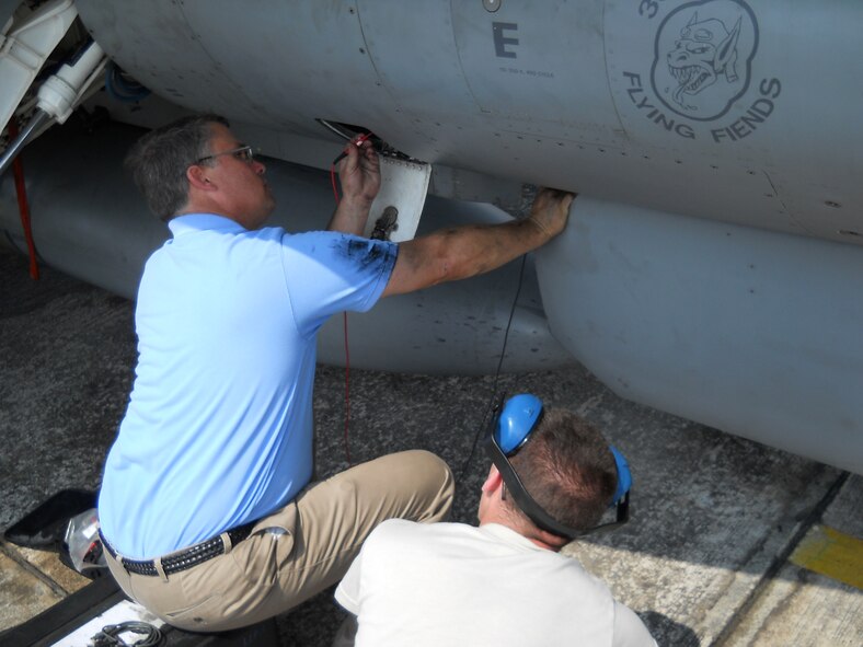 Mr. Robert Graves, 51st Maintenance Group, and Senior Airman Dustin Edwards, 36th Aircraft Maintenance Unit, perform maintenance on an F-16 Fighting Falcon during Commando Sling 10 at Paya Lebar Air Base, Singapore. (Courtesy photo)