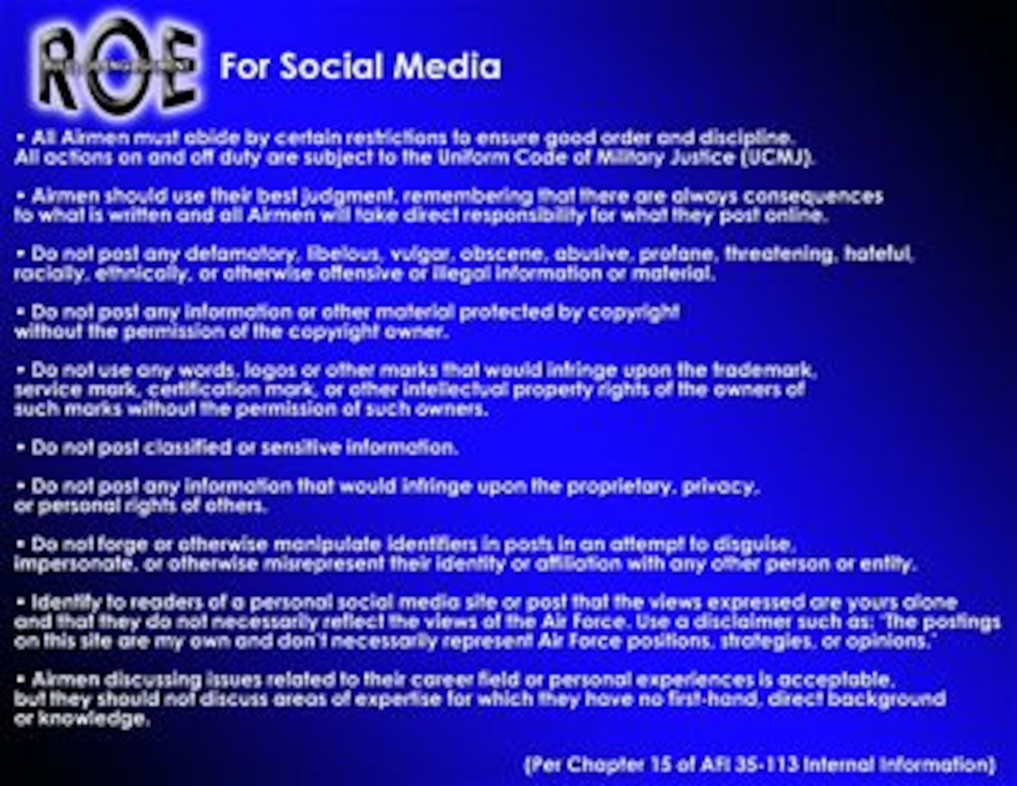 In April, Air Force personnel will be allowed to access Internet-based social media sites via the Air Force Network for official use and limited personal use. All Airmen must use due diligence when posting information online and must always follow Joint Ethics regulations, operations security and pubished rules of engagement. (U.S. Air Force graphic)