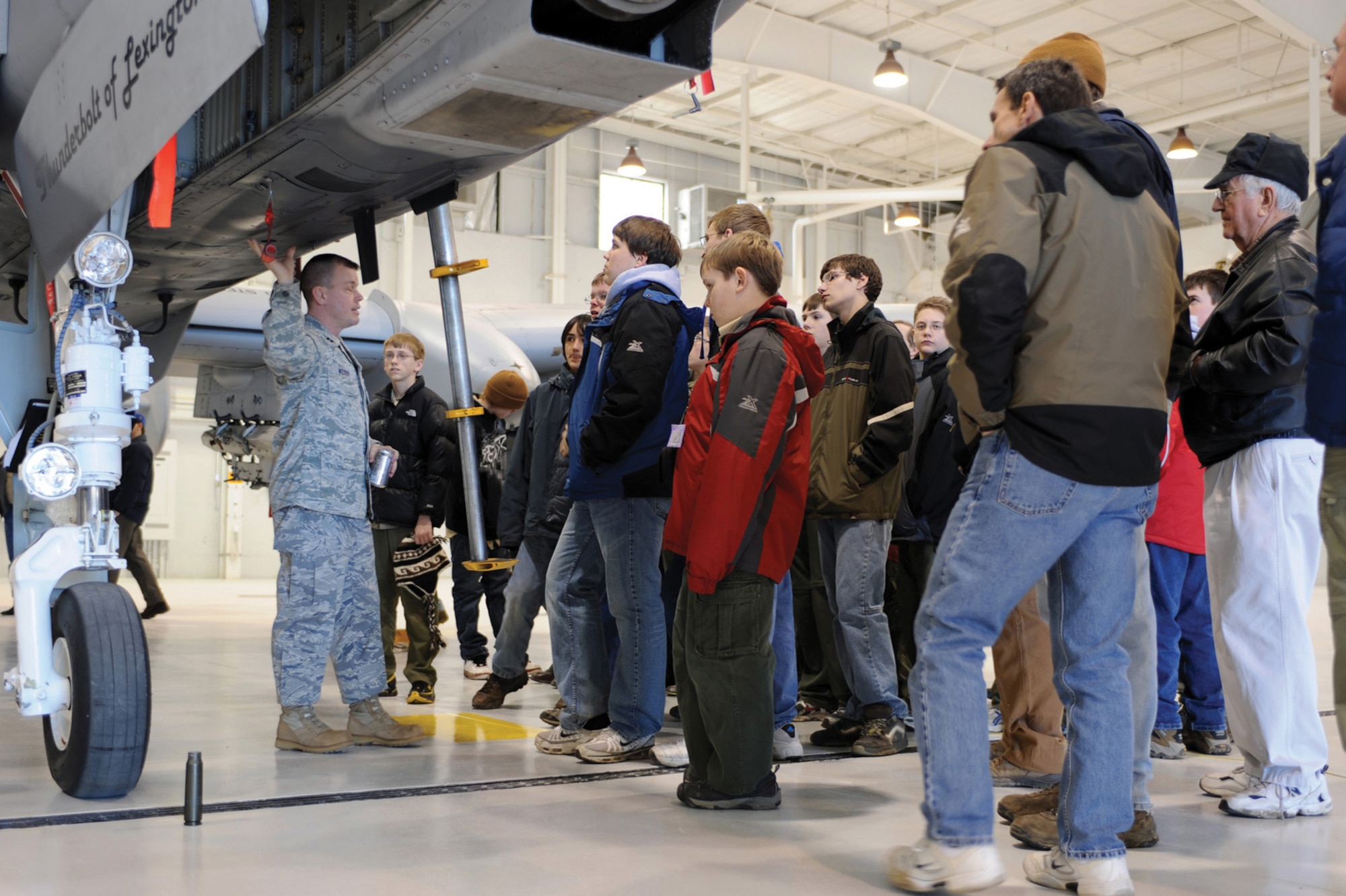 Capt. Jason Weiser 442nd Maintenance Operations Flight commander briefs Boy Scouts about the A-10 Thunderbolt II during a tour of Whiteman Air Force Base Feb. 27, 2010. The 442nd Fighter Wing is an Air Force Reserve unit at Whiteman.(U.S. Air Force photo/Staff Sgt. Jason Huddleston)