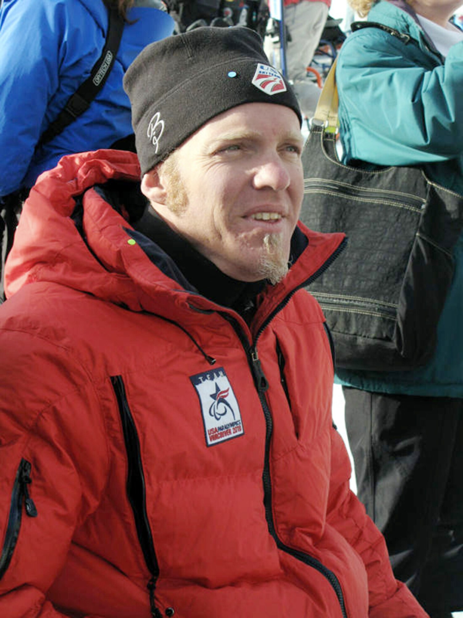 Air Force veteran Sean Halsted, who competed in the 2010 Paralympics in Vancouver, Canada, checks out the action on the slopes at the 24th National Disabled American Veterans Winter Sports Clinic March 28, 2010, in Snowmass Village, Colo. (Defense Department photo/Donna Miles) 
