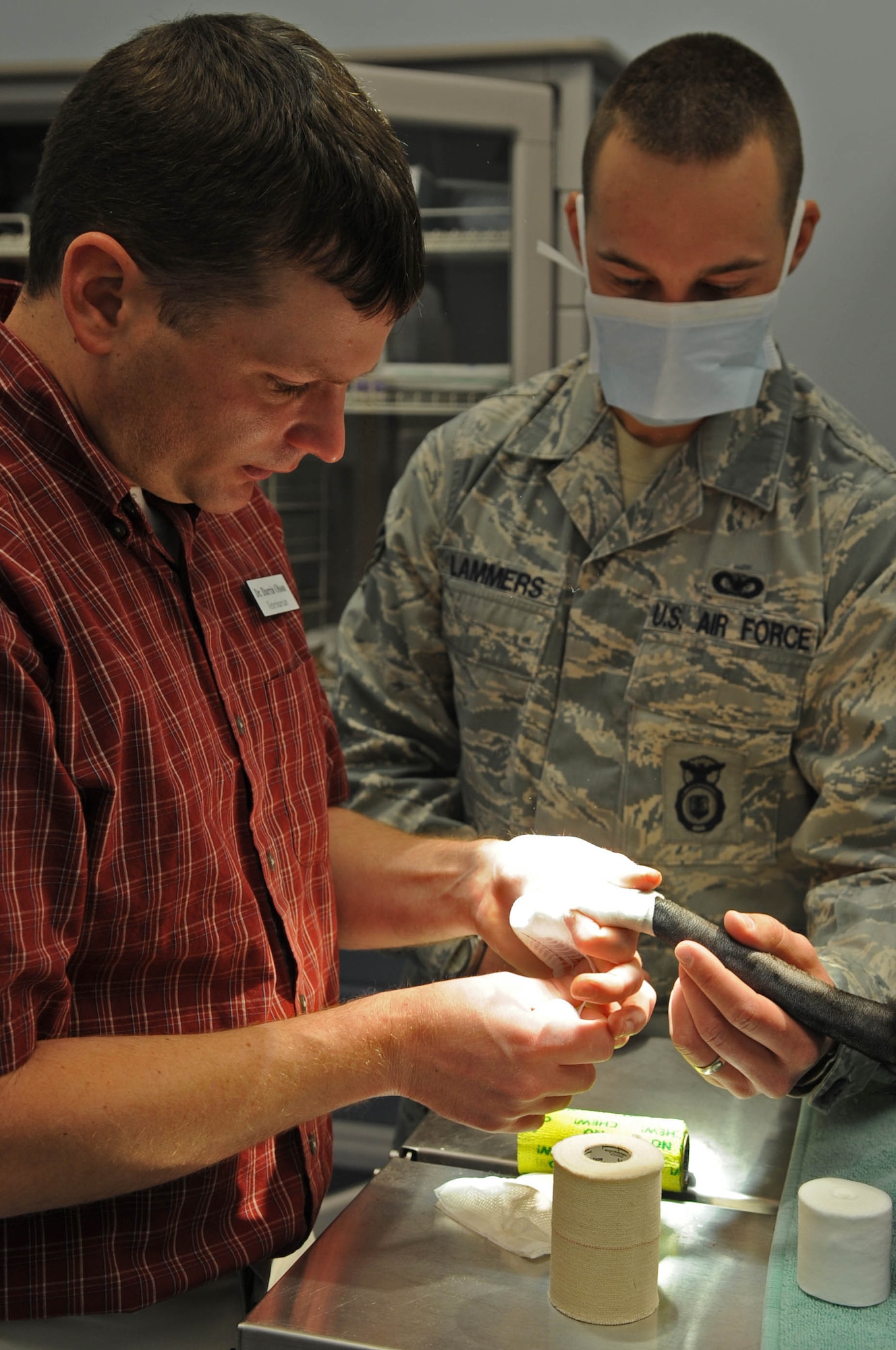 BARKSDALE AIR FORCE BASE, La – Senior Airman Stephen Lammers assist Dr. Darrin Olson in wrapping up Military Working Dog Febe’s tail after performing a partial amputation March 26. During the procedure, Airman Lammers was able to apply his technical training by helping to check Febe’s vitals and temperature. On average, dog handlers receive 40 hours of hands-on medical training after arriving on station. This training enables them to perform minor procedures or stabilize the dog until they are able to get more advanced medical care. Airman Lammers and Febe are assigned to the 2d Security Forces Squadron K-9 unit here. (U.S. Air Force photo by Staff Sgt. Terri Barriere)