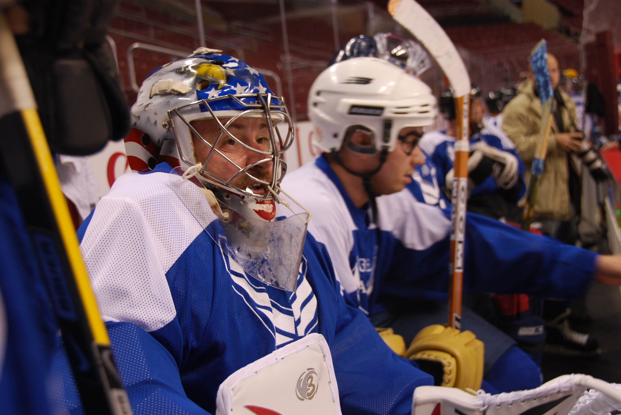 JOINT BASE MCGUIRE-DIX-LAKEHURST, N.J. -- Joint Base McGuire-Dix-Lakehurst All-Stars goalie, Master Sgt. Robert E. Lorusso, ret., gets a break between periods during the 2010 "Battle on the Ice for Charity" hockey game held March 28 at the Wachovia Center in Philadelphia, PA. JB MDL's 8-6 win over the Dover Air Force Base All-Stars team broke the tie of one game a piece. Together the ice hockey teams raised $4,500 over the past three years competing in this fundraiser charity match that supports military families in need. Proceeds of the match are donated to the Combined Federal Campaign and Air Force Assistance Fund.  (U.S. Air Force photo by/Master Sgt. Donna T. Jeffries)