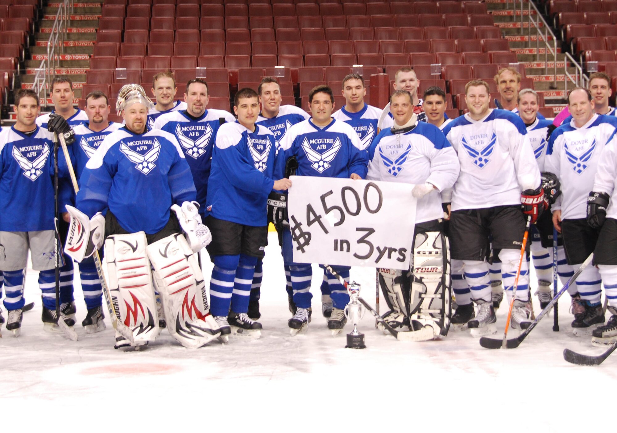 JOINT BASE MCGUIRE-DIX-LAKEHURST, N.J. -- Members of Dover Air Force Base and Joint Base McGuire-Dix-Lakehurst All-Stars ice hockey teams raised $4,500 over the past three years competing in a fundraiser charity match that supports military families in need. Proceeds of the match are donated to the Combined Federal Campaign and Air Force Assistance Fund This year's competition was held March 28 at the Wachovia Center in Philadelphia, PA., with JB MDL's 8-6 win ending the tiebreaker. (U.S. Air Force photo by/Master Sgt. Donna T. Jeffries)