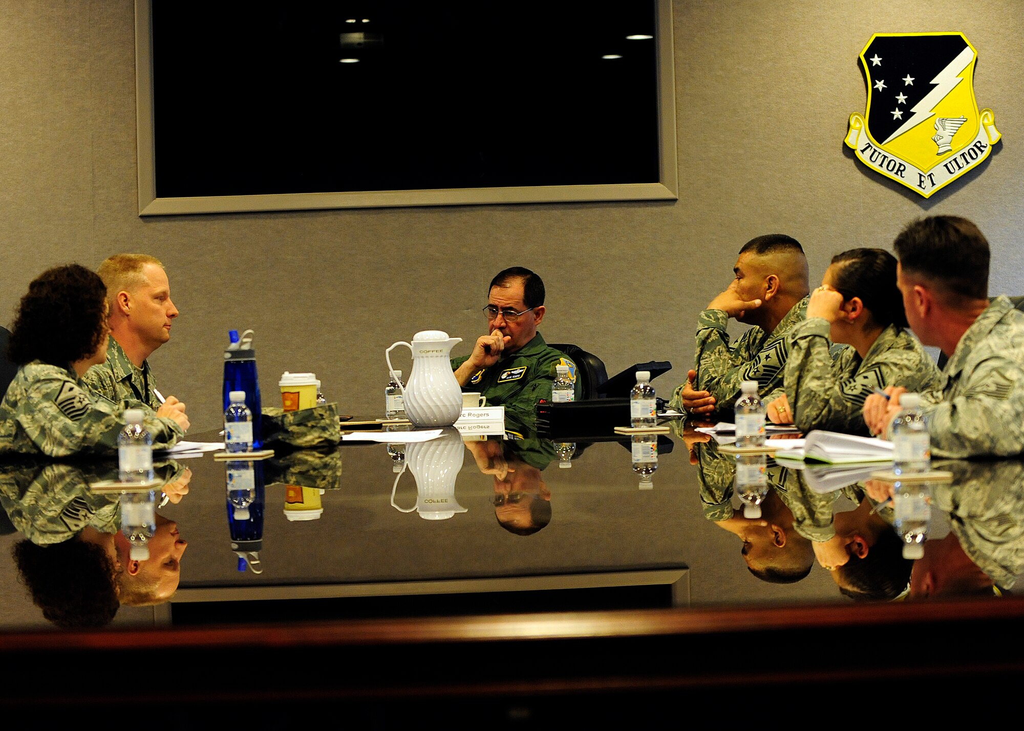 HOLOMAN AIR FORCE BASE, N.M. -- Lt. Gen. Marc Rogers, U.S. Air Force Inspector General, meets with the First Sergeants Council executive members, March 26, 2010, during his tour of the base. The Inspector General reports to the Secretary and Chief of Staff of the Air Force on matters concerning Air Force effectiveness, efficiency and the military discipline of active duty, Air Force Reserve and Air National Guard forces. (U.S. Air Force photo by Senior Airman DeAndre Curtiss)(Released) 