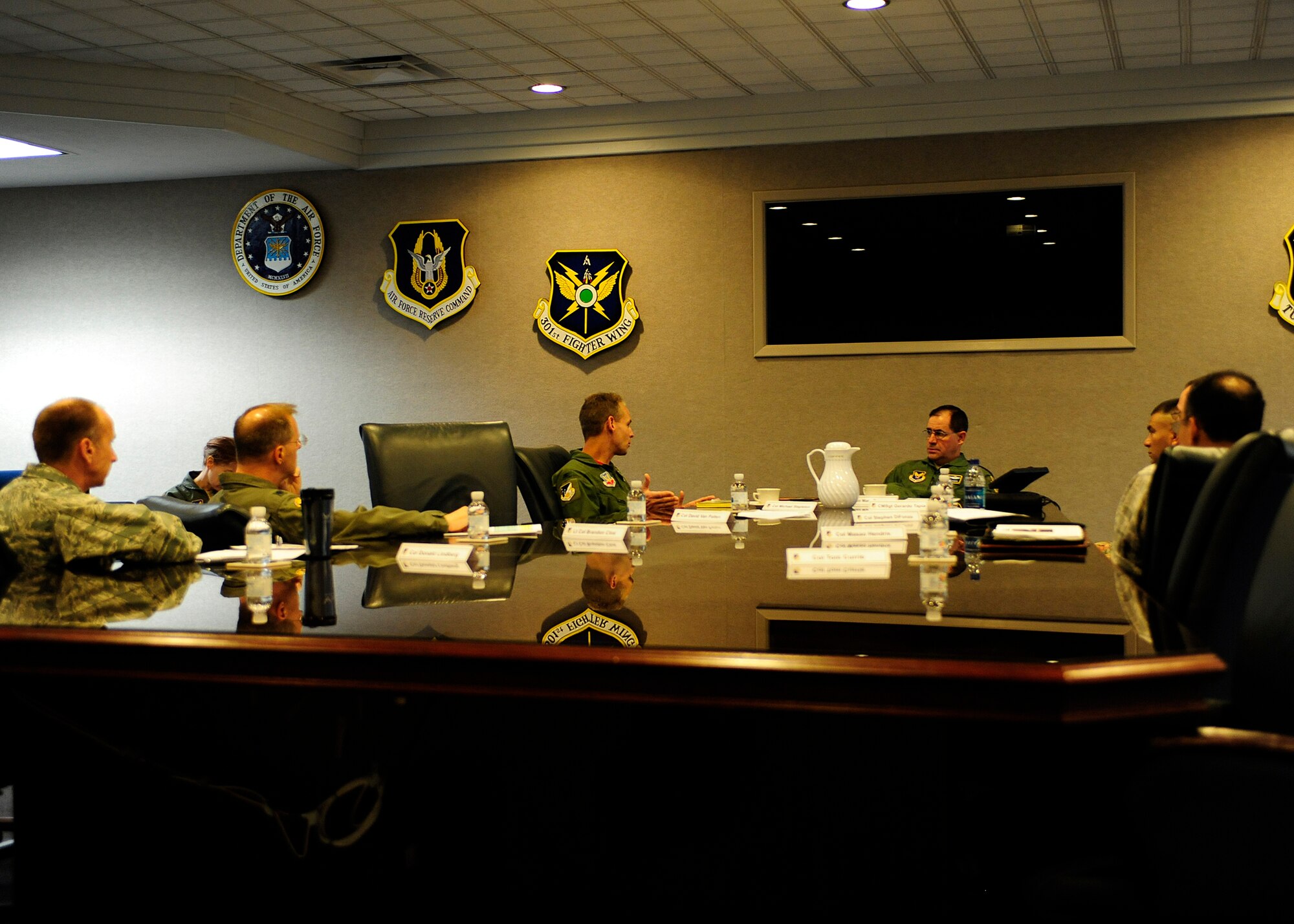 HOLOMAN AIR FORCE BASE, N.M. -- Lt. Gen. Marc Rogers, U.S. Air Force Inspector General, receives the 49th Fighter Wing?s mission briefing from Col. Mike Stapleton, 49th Operations Group commander, March 26, 2010, during his tour of the base. The Inspector General reports to the Secretary and Chief of Staff of the Air Force on matters concerning Air Force effectiveness, efficiency and the military discipline of active duty, Air Force Reserve and Air National Guard forces. (U.S. Air Force photo by Senior Airman DeAndre Curtiss)(Released) 
