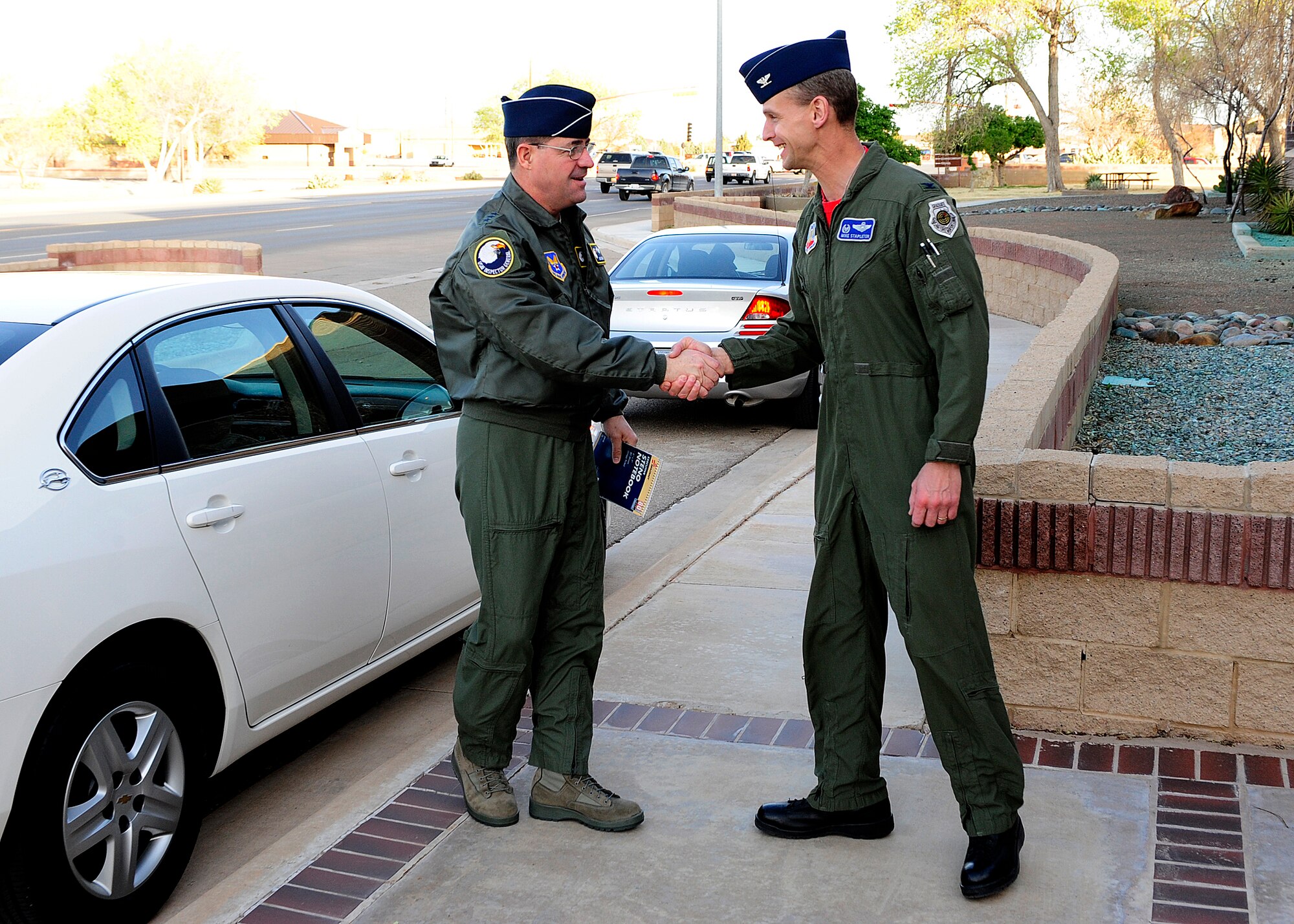 HOLOMAN AIR FORCE BASE, N.M. -- Lt. Gen. Marc Rogers, U.S. Air Force Inspector General, is greeted by Col. Mike Stapleton, 49th Operations Group commander, March 26, 2010, during his tour of the base. The Inspector General reports to the Secretary and Chief of Staff of the Air Force on matters concerning Air Force effectiveness, efficiency and the military discipline of active duty, Air Force Reserve and Air National Guard forces. (U.S. Air Force photo by Senior Airman DeAndre Curtiss)(Released) 