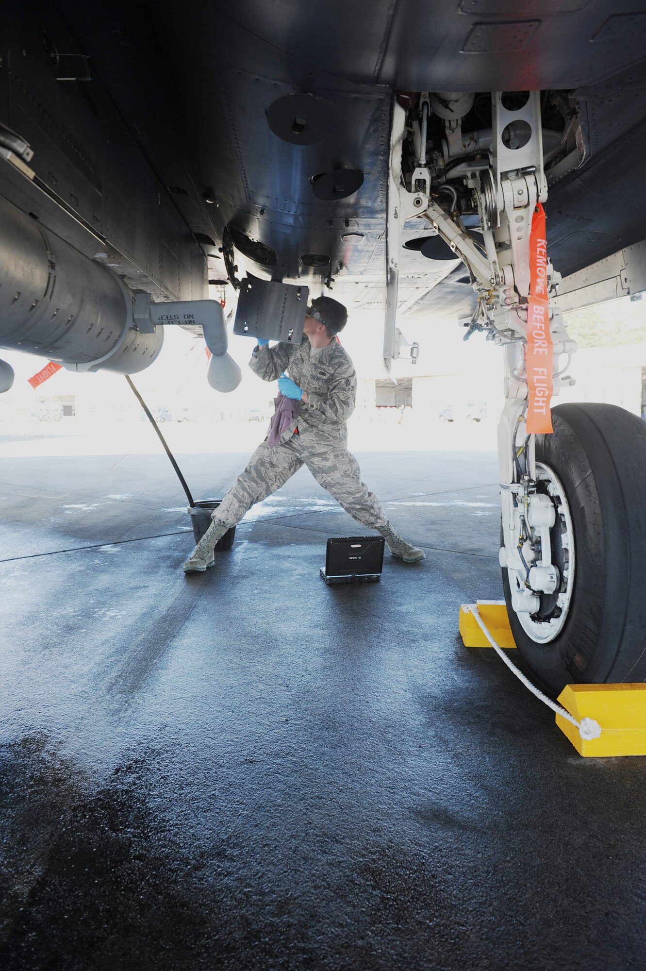 Senior Airman Bobby Kerr, a 307th Fighter Squadron crew chief at Seymour Johnson Air Force Base, N.C., conducts a maintenance check on an F-15E Strike Eagle after a flight March 19, 2010. The 307th FS falls under the 414th Fighter Group, a new Air Force Reserve Command unit standing up on Seymour Johnson AFB to support the growing F-15E Strike Eagle mission. (U.S. Air Force photo/Senior Airman Whitney Lambert)
