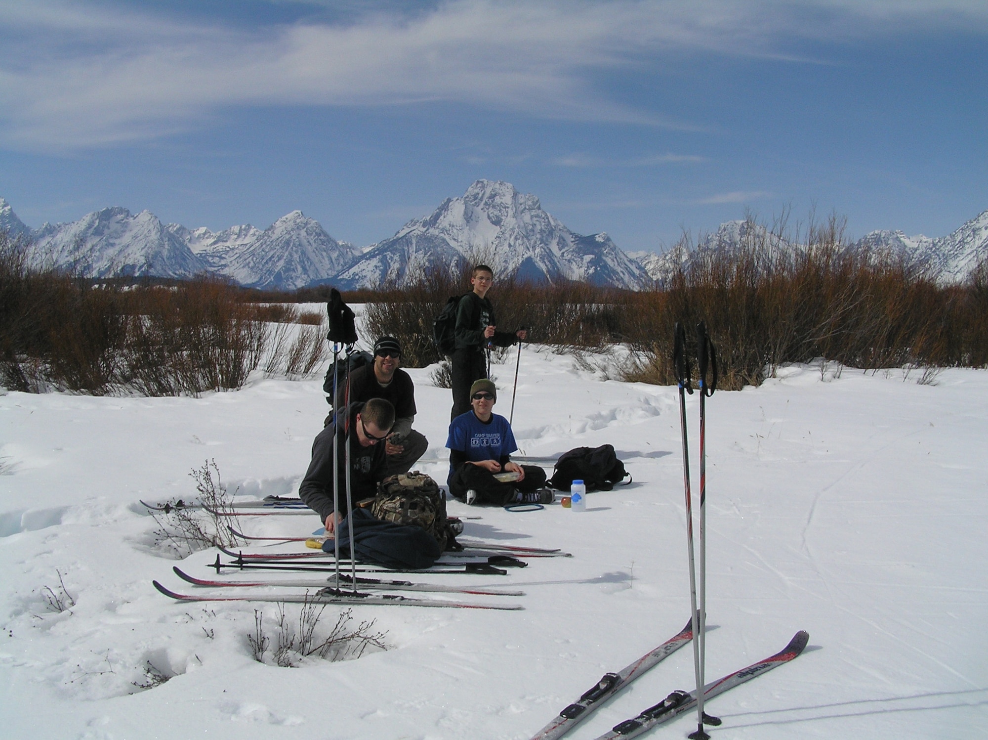 JACKSON, Wyo. -- Capt. Gregory Izdepski (center) and his family, Brent Wyatt (front), Jessica Wyatt (center right) and Alec Wyatt (back) take a lunch break in the Grand Teton National Park during Operation Purple Military Family Retreat in Jackson, Wyo., March 19 to 23. The camp, sponsored by National Military Family Association, is free and designed for families to reconnect after a parent has been deployed. Peterson youth, ages 8 to 15, can sign up now for Operation Purple camp this August in Sedalia, Colo. For details call the Peterson Airman and Family Readiness Center at 556-6141. (Courtesy photo/Karen Izdepski) 