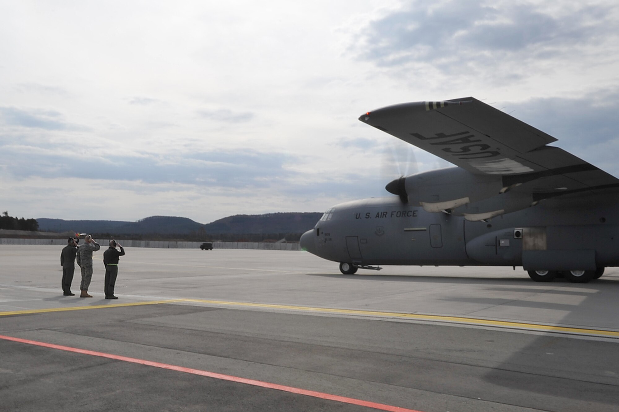 The 13th C-130J Super Hercules is delivered by Maj. Gen. Jack Egginton, Director, Air and Space Operations, Headquarters U.S. Air Forces in Europe, Ramstein Air Base, Germany, March 30, 2010. Fourteen C-130J models will be assigned to Ramstein, replacing the older C-130Es as a part of the Air Force’s priority to revitalize the aircraft fleet. (U.S. Air Force photo by Senior Airman Tony R. Ritter)